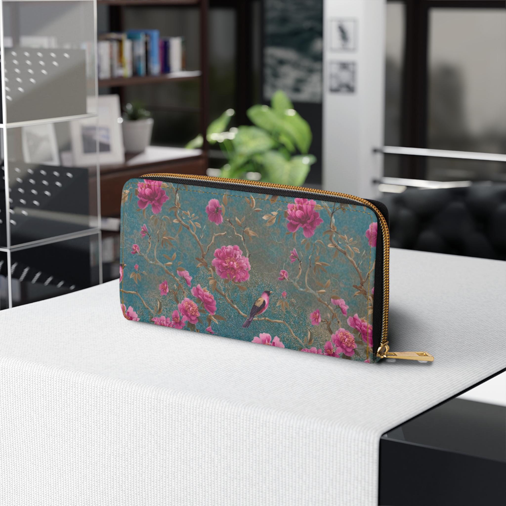 Vintage Sakura Trees Floral Zipper Wallet, Botanical PU Leather Accessory