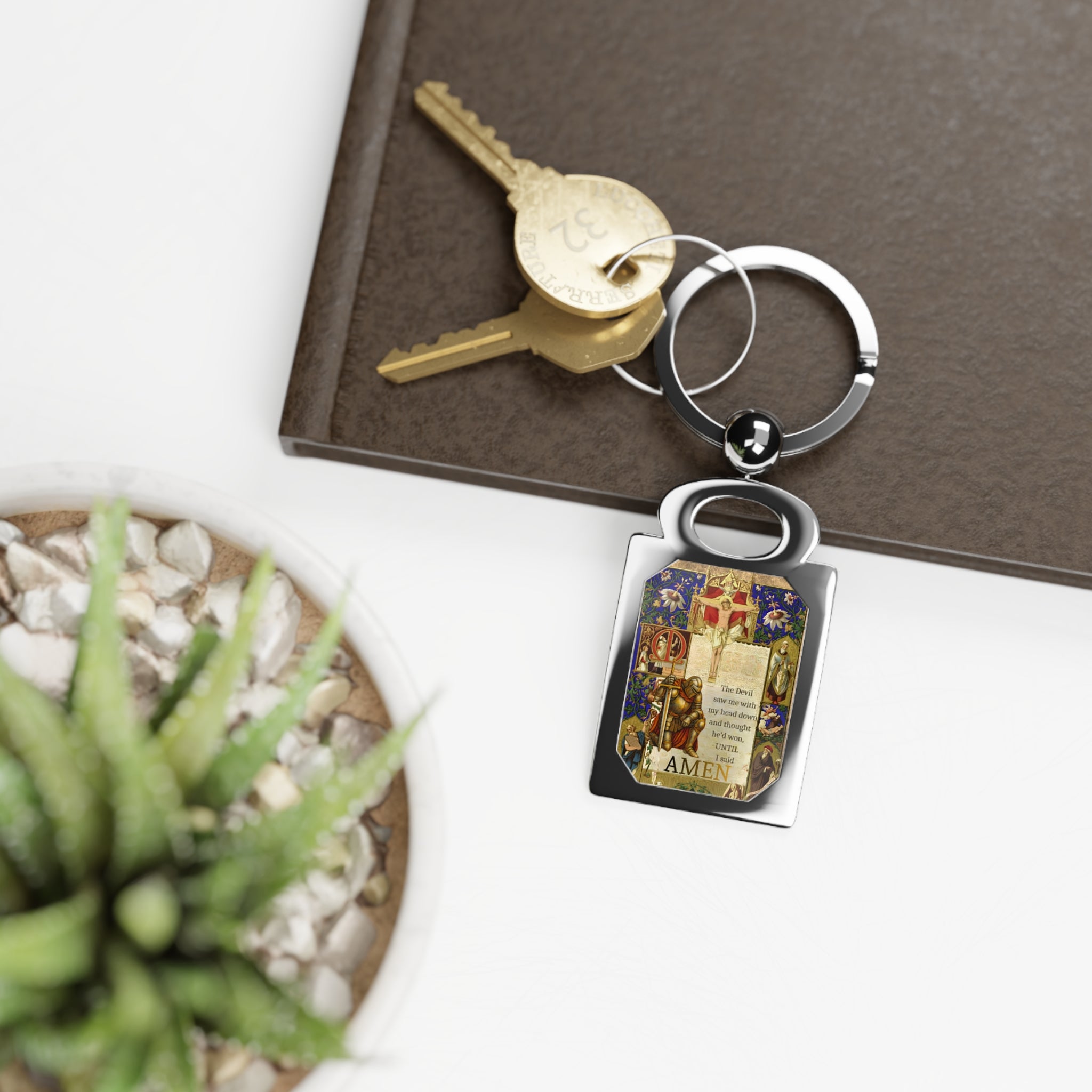 Medieval Illuminated Manuscript Prayer Rectangle Photo Keyring | Religious Iconography | Gift for Christian