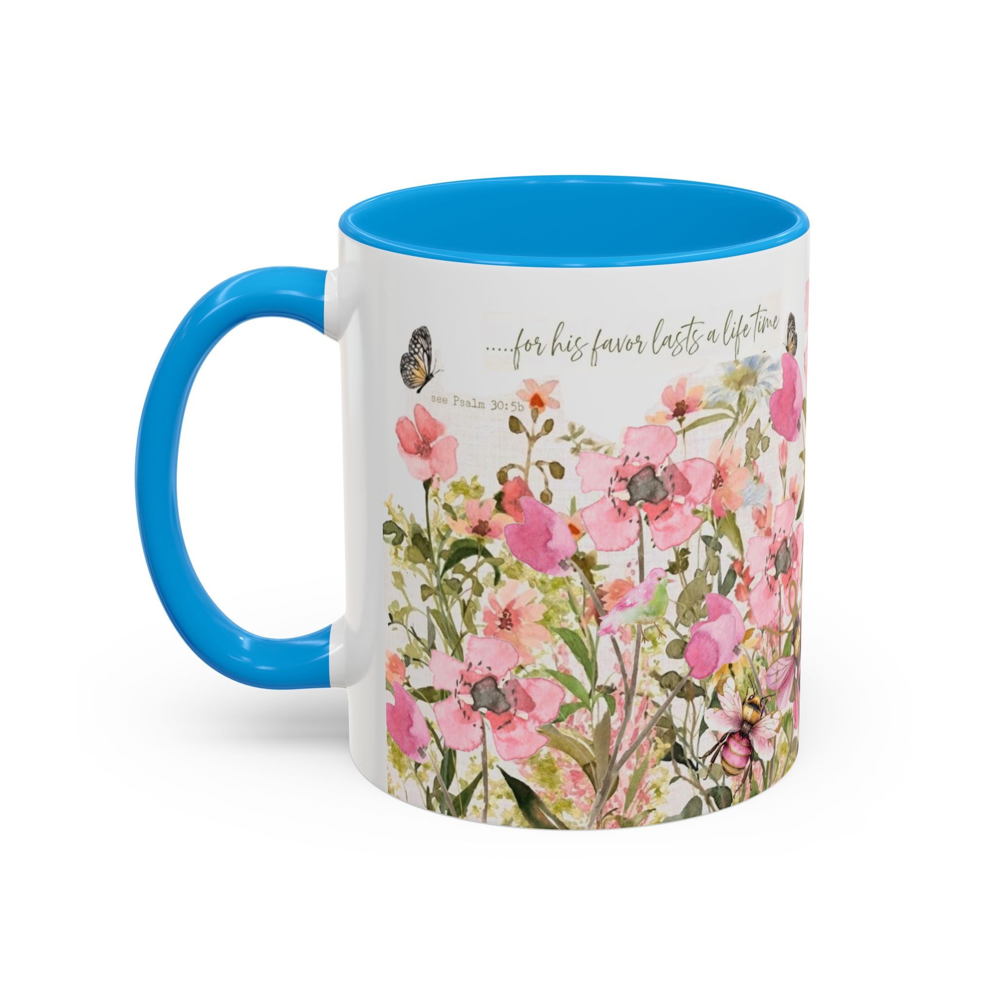 Pink Watercolor Wildflowers Mug | Butterfly Accent Scripture Coffee Cup Gift for Her