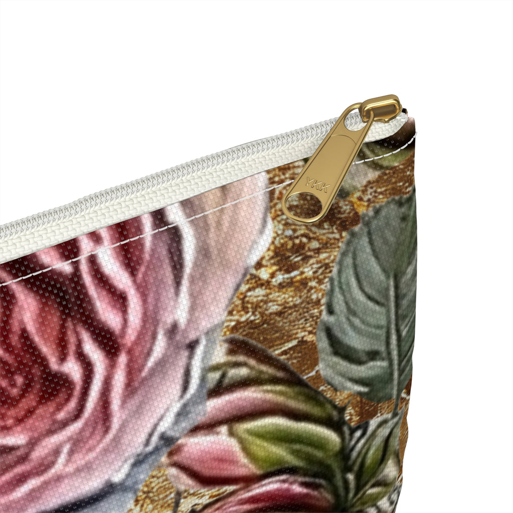 Vintage Pink Roses on Gold Marble Accessory Pouch | Floral Makeup Bag