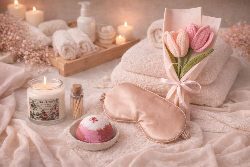 Mother’s Day Serenity Gift Set: Sage Candle, Bath Bomb, Sleep Mask, Crochet Bouquet