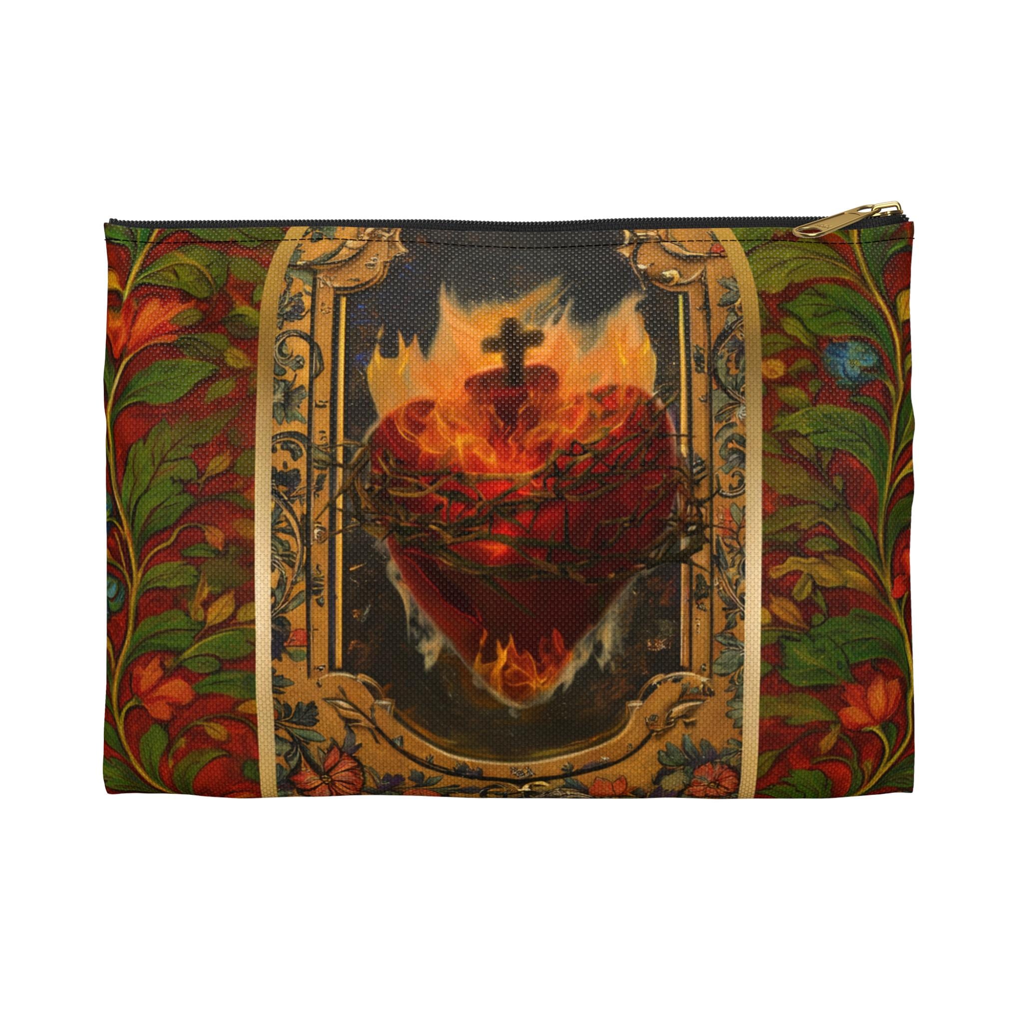 Flaming Sacred Heart Accessory Pouch | Gothic Religious Art, Floral Border