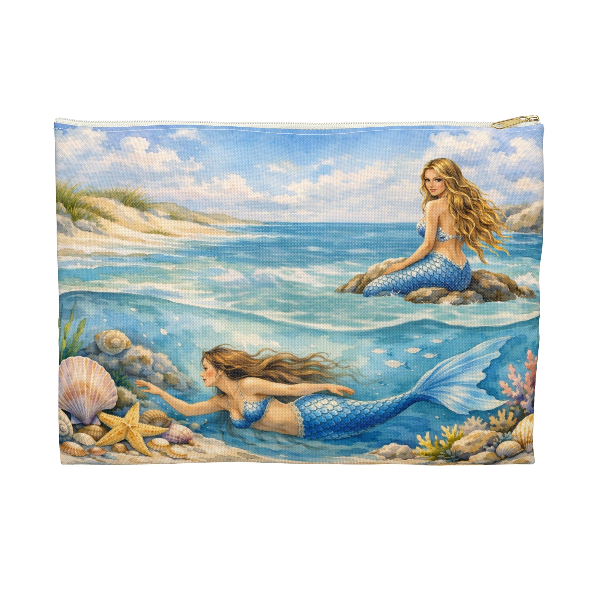 Mermaids Beach Accessory Pouch | Ocean Seashell Starfish Cosmetic Bag | Toiletry Bag for Beach Goer