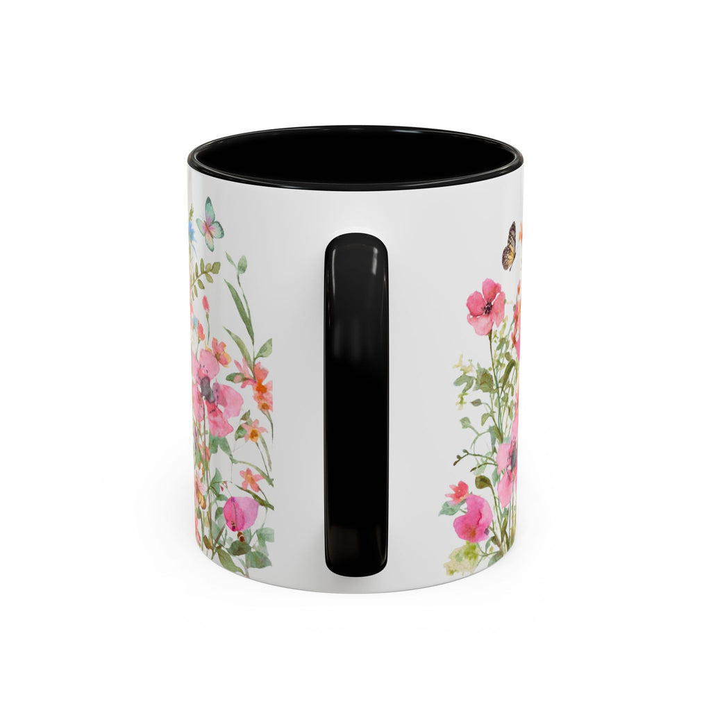 Floral Meadow Accent Coffee Mug — Pink Wildflowers & Butterflies (11oz, 15oz)