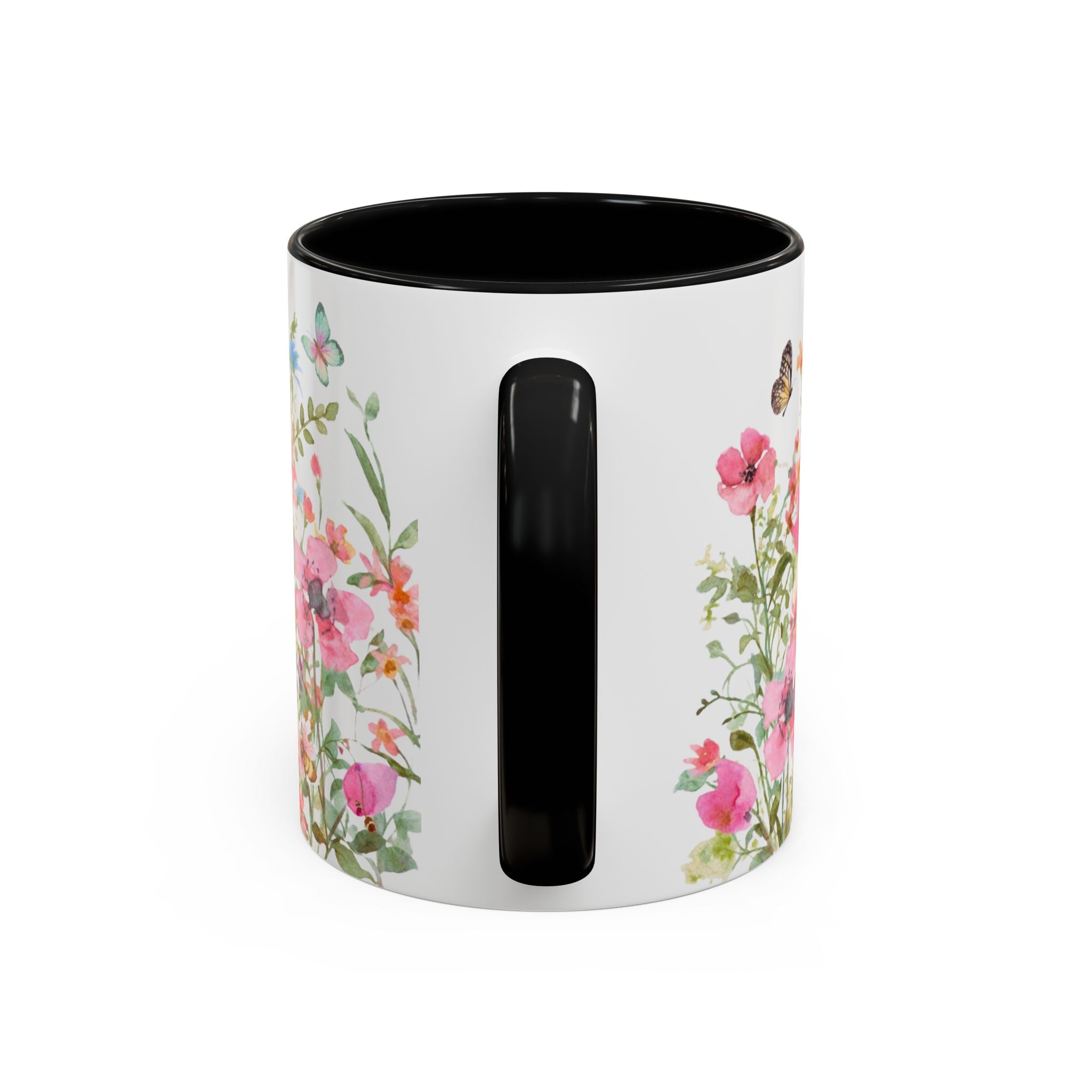 Floral Meadow Accent Coffee Mug — Pink Wildflowers & Butterflies (11oz, 15oz)