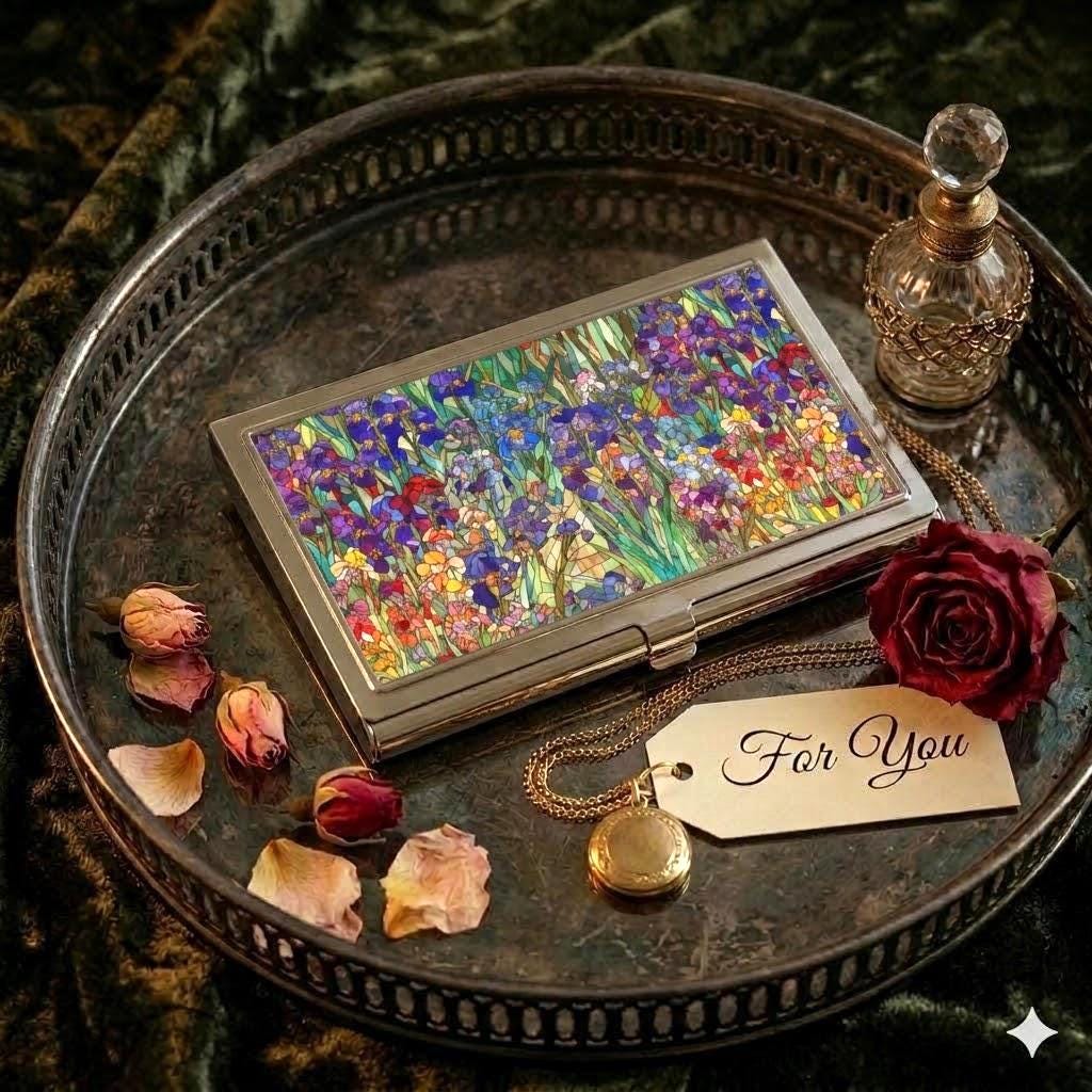Floral Mosaic Business Card Holder | Boutique Office Gift | Elegant Card Case
