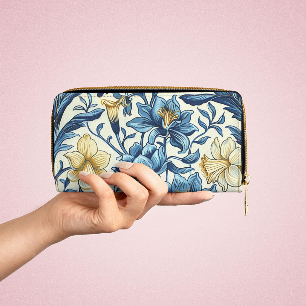 Blue William Morris Floral Pattern Zipper Wallet, Flower Clutch Coin Pouch