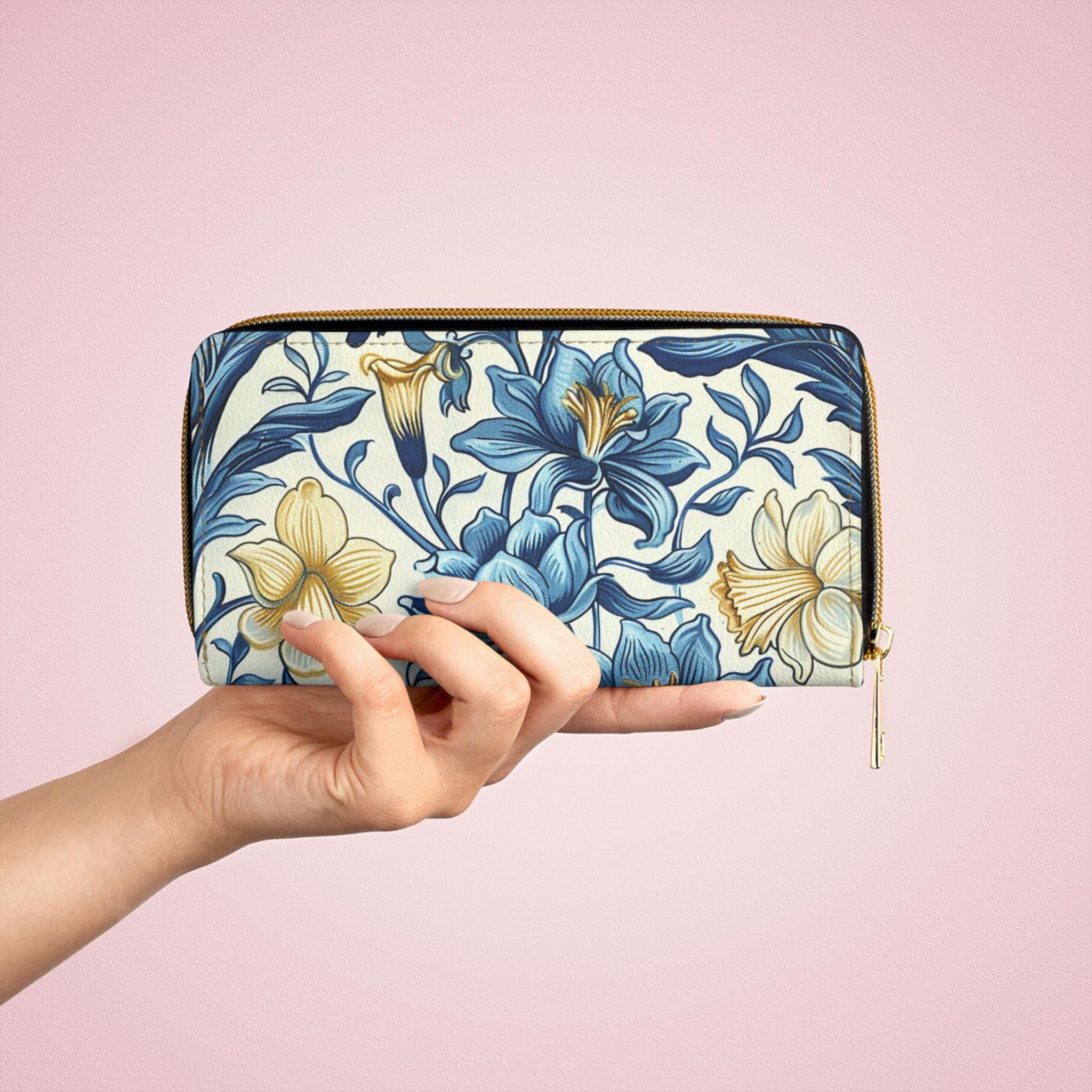 Blue William Morris Floral Pattern Zipper Wallet, Flower Clutch Coin Pouch