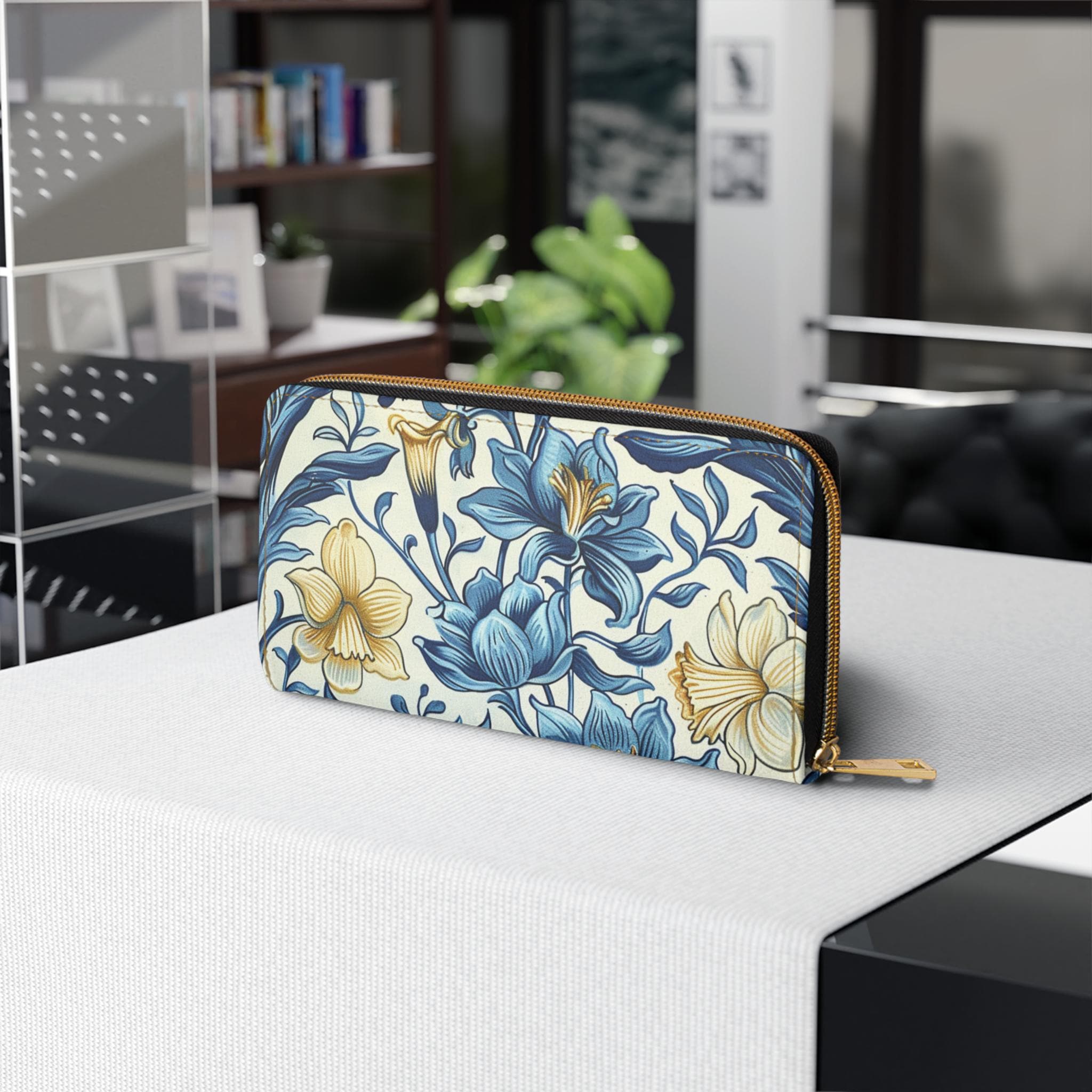 Blue William Morris Floral Pattern Zipper Wallet, Flower Clutch Coin Pouch