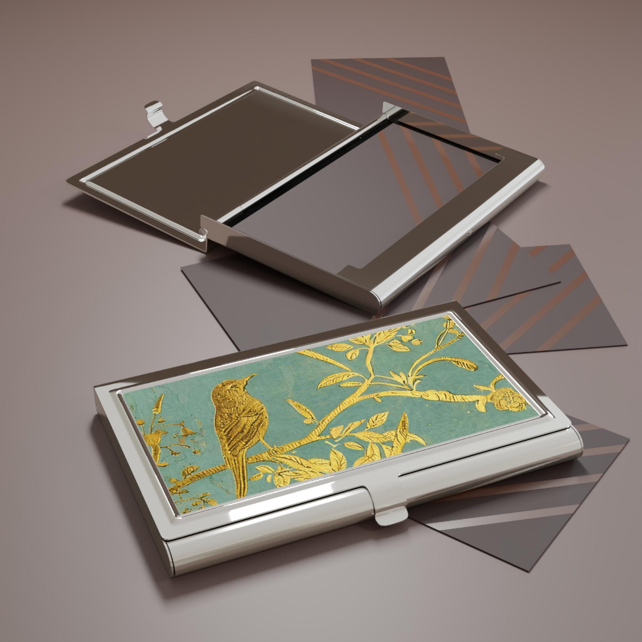 Gold Bird Branch Business Card Holder | Teal Floral Metal Case