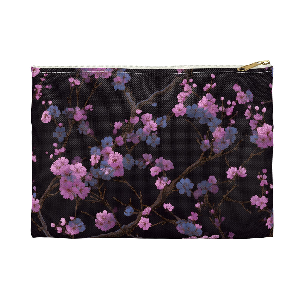 Cherry Blossom Branch Accessory Pouch | Japanese Floral Makeup Bag, Pink Sakura on Black