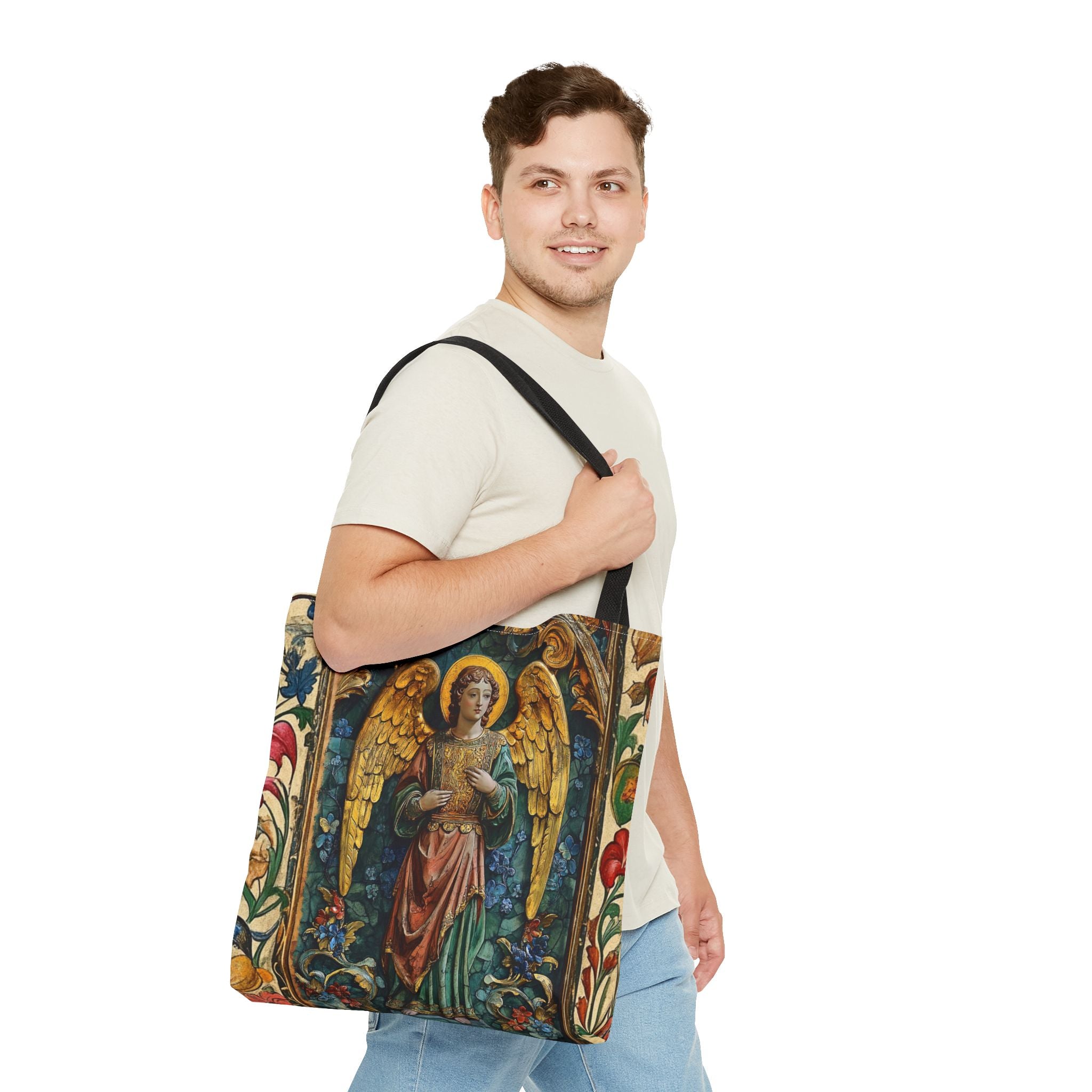 Medieval Manuscript Angel Tote | Ornate Religious Artwork, AOP Shoulder Bag Gift for Catholic