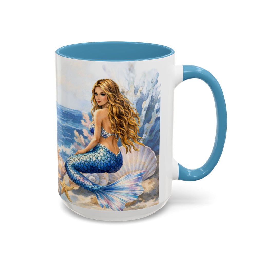 Mermaid Illustration Accent Coffee Mug | Seashells Starfish Ocean Scene