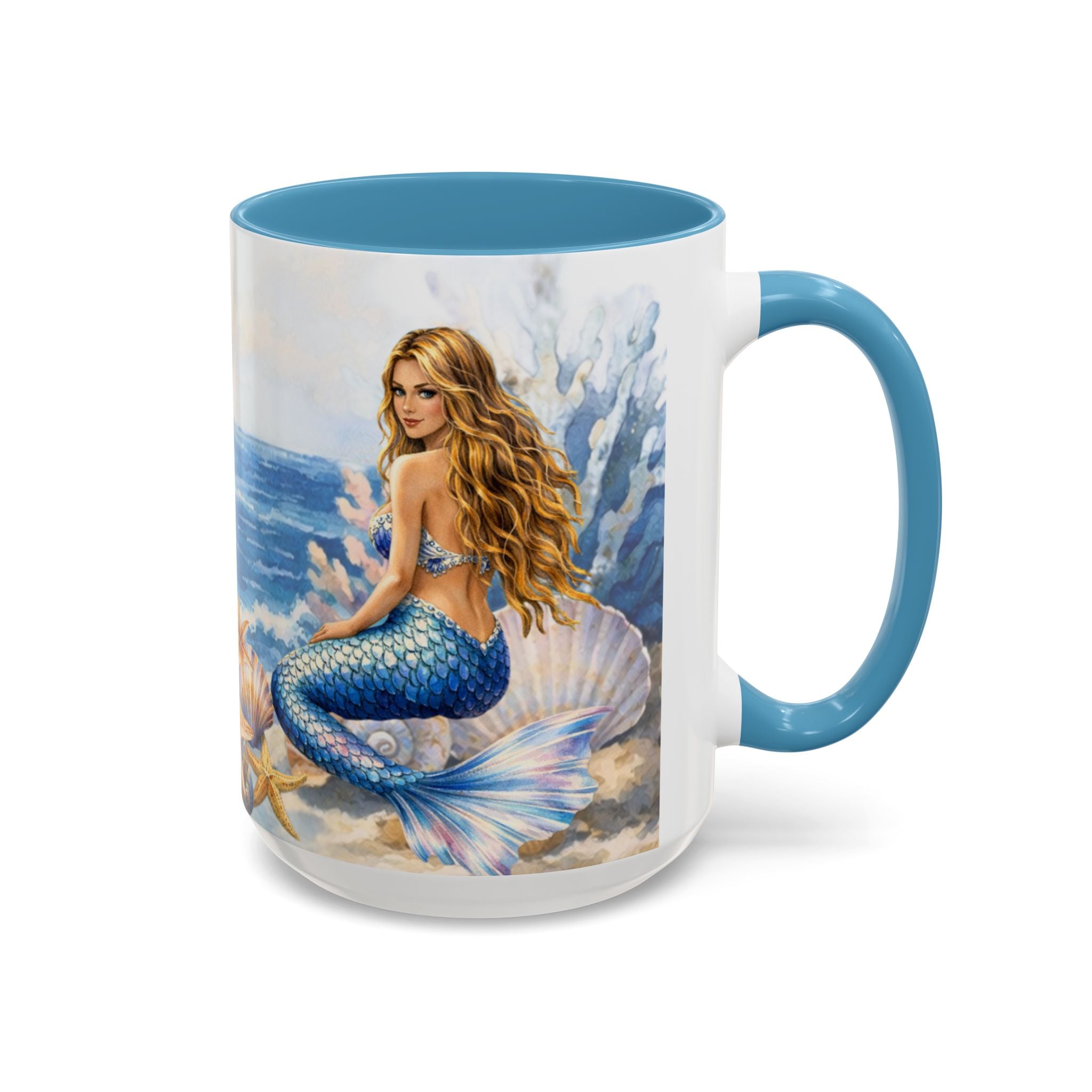 Mermaid Illustration Accent Coffee Mug | Seashells Starfish Ocean Scene