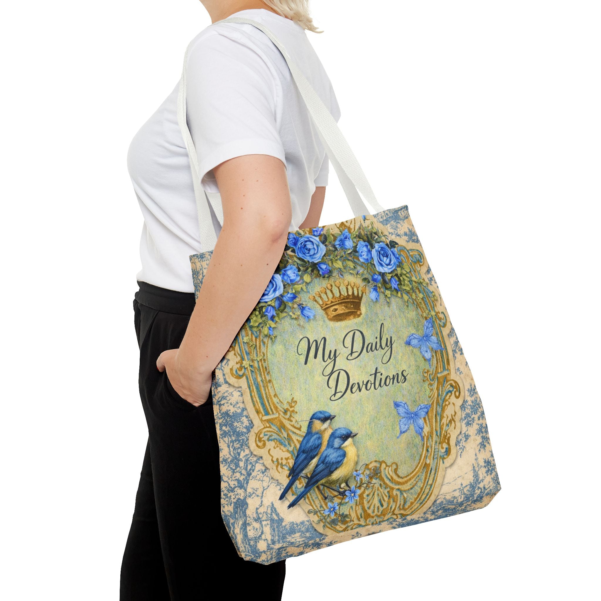 Daily Devotions Tote Bag | Bluebird Toile Bible Study Accessory | Christian Shoulder Bag