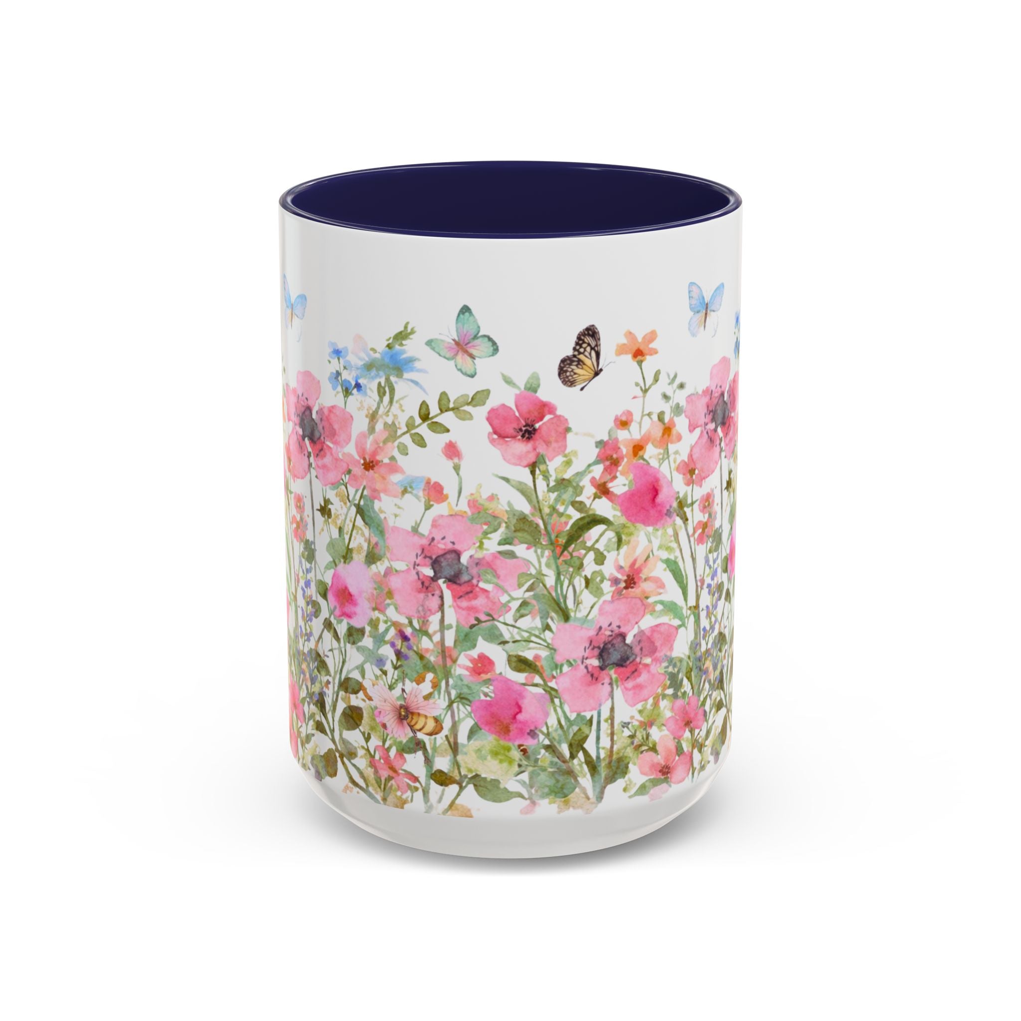 Floral Meadow Accent Coffee Mug — Pink Wildflowers & Butterflies (11oz, 15oz)