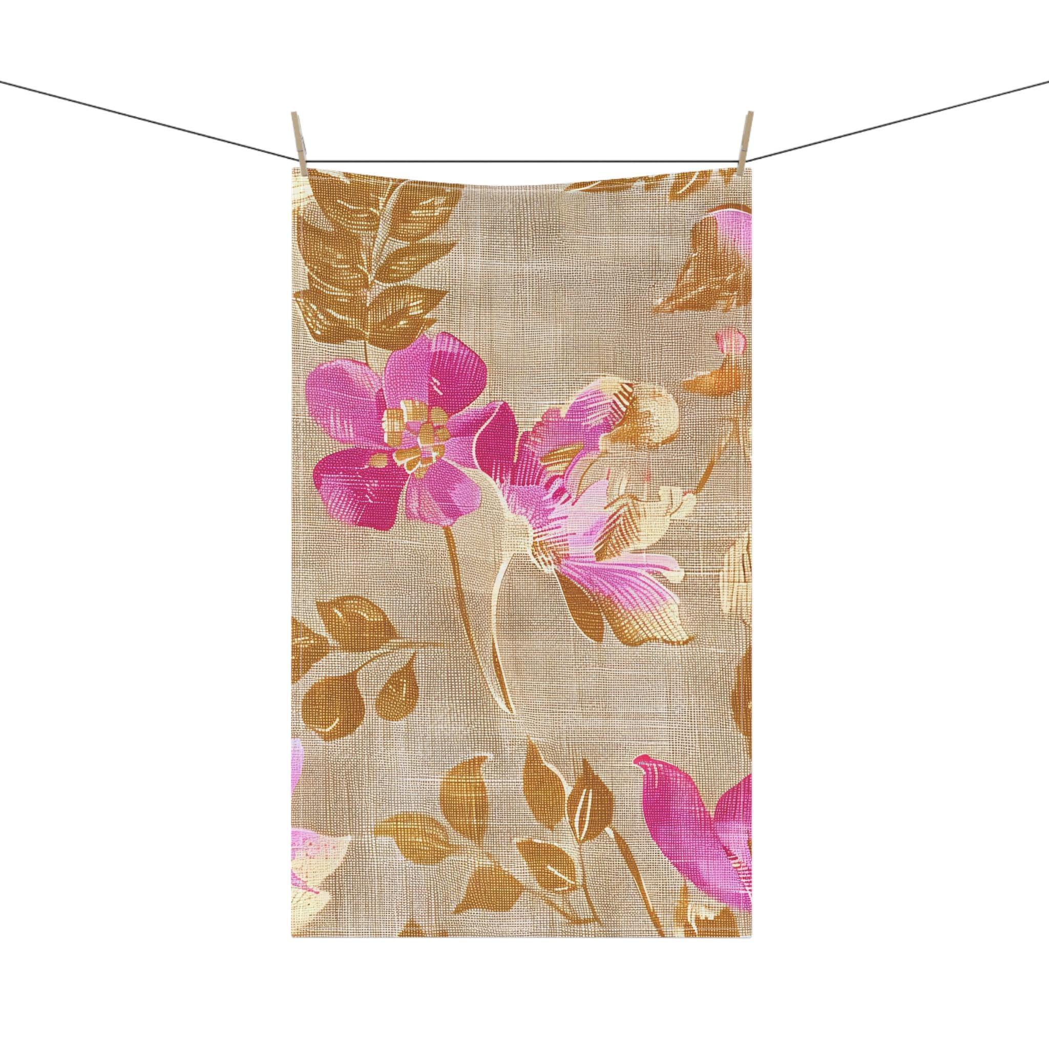 Golden Fiber Floral Vine Tea Towel | Pink Botanical Kitchen Towel