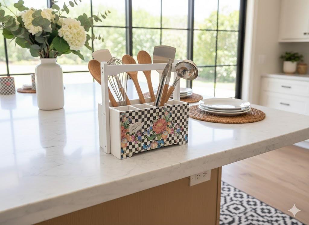 Modern Farmhouse Utensil Caddy Vintage Decorative Wood Box Cottagecore