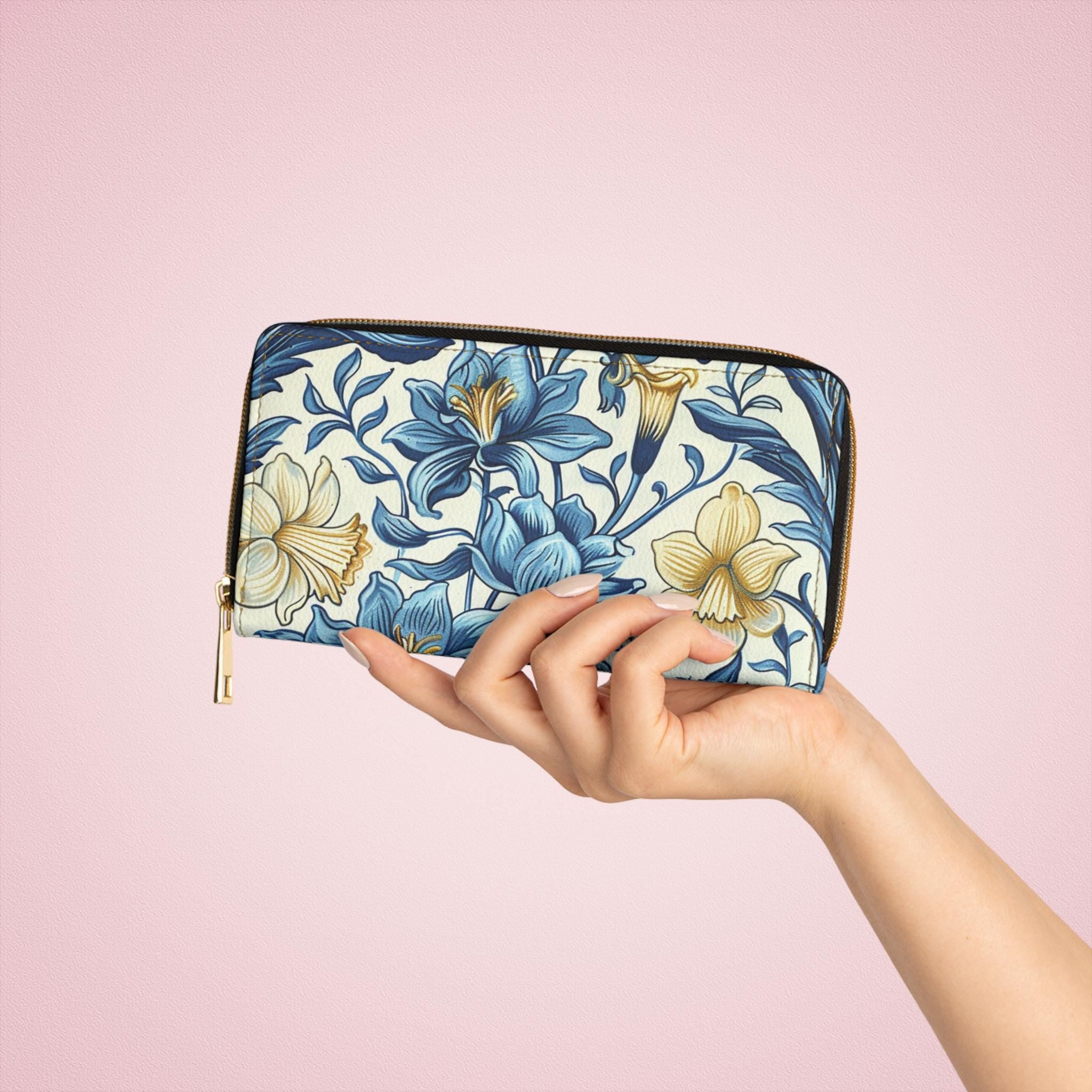 Blue William Morris Floral Pattern Zipper Wallet, Flower Clutch Coin Pouch