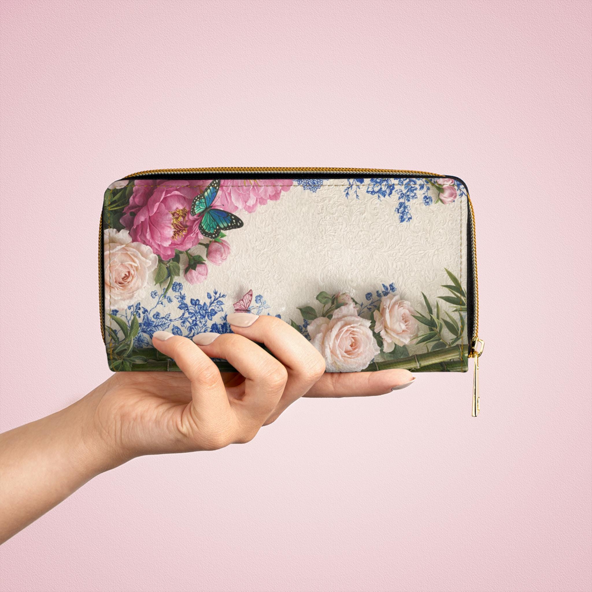 Pink Rose Toile Bouquet Zipper Wallet | Floral Butterflies, Vintage Garden