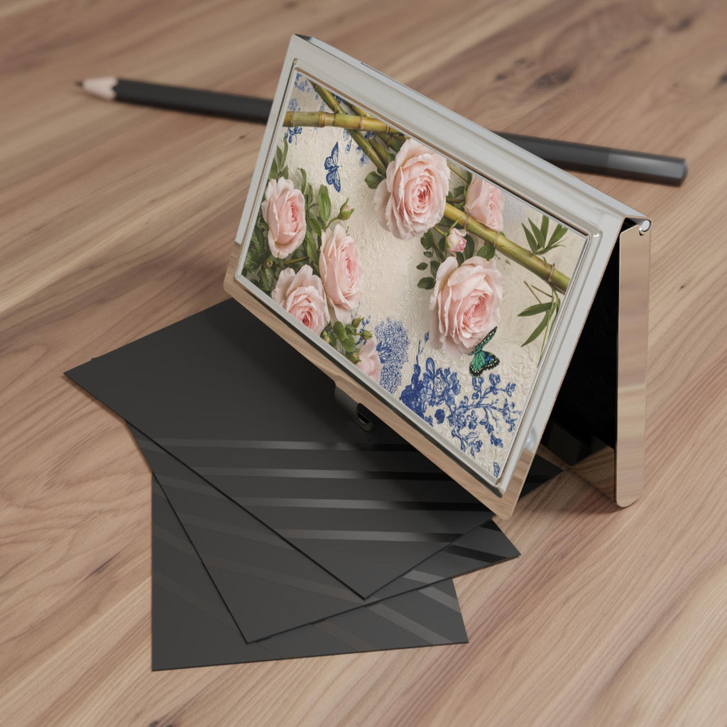 Pink Rose Floral Business Card Holder | Butterfly Botanical Metal Case