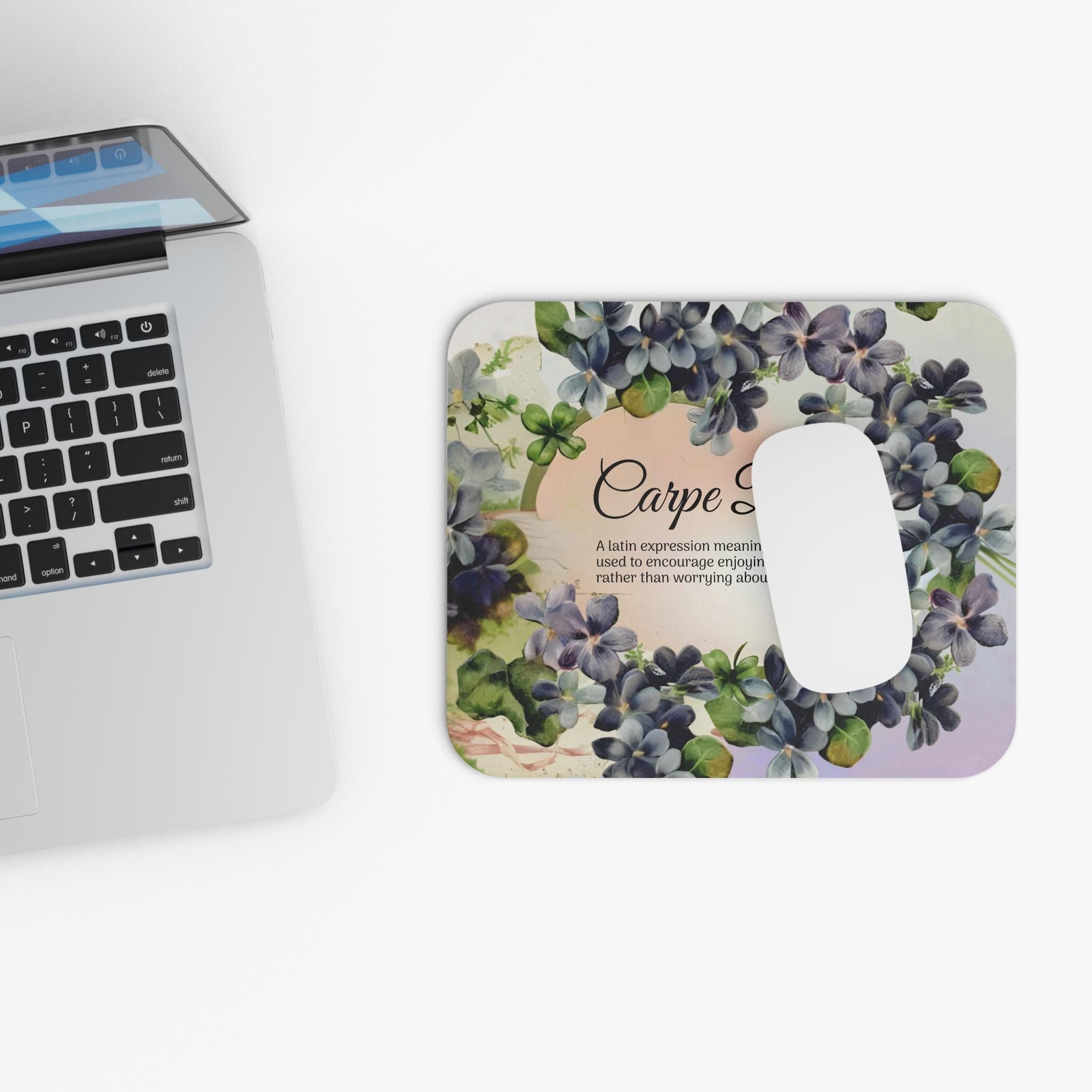 Victorian Violet Floral Carpe Diem Mouse Pad | Vintage Floral Desk Accessory