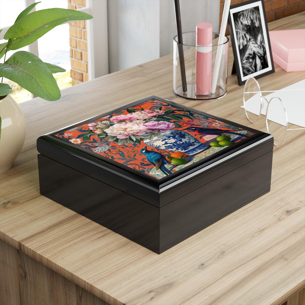 Chinoiserie Garden Jewelry Box, Pink Coral Blue Trinket Case