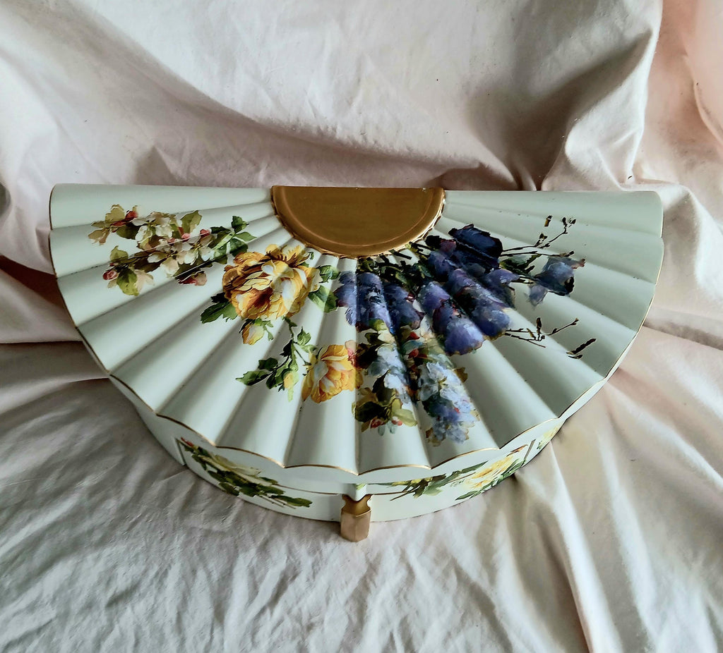 Fan Shaped Jewelry Box | Hand Painted Floral Vanity Organizer with Mirror