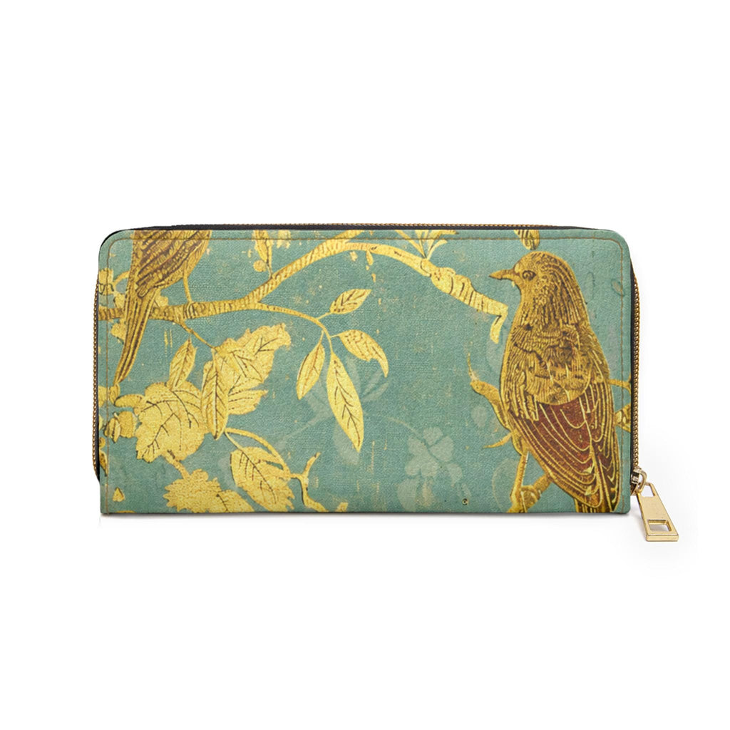 Gold Bird Branch print Zipper Wallet | Teal Botanical Pattern
