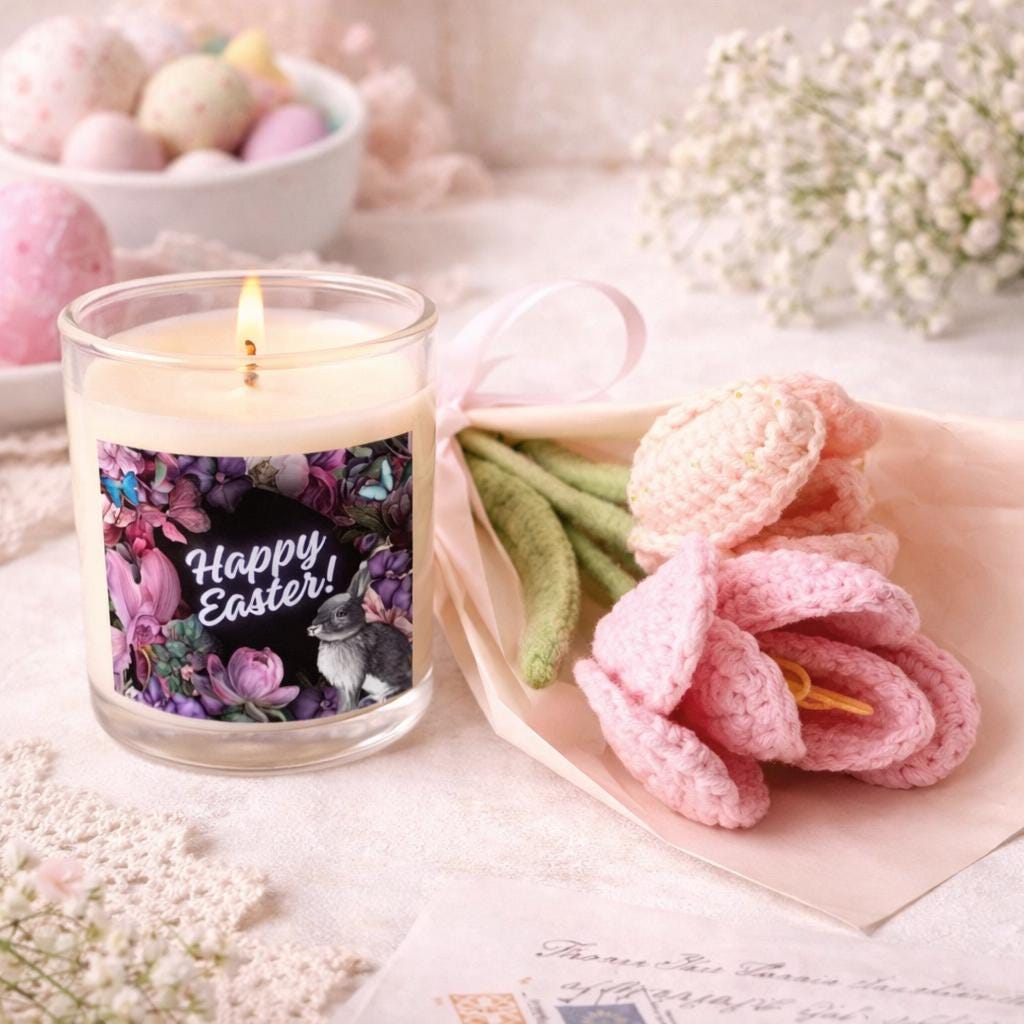 Easter Candle and Crocheted Flower Bouquet Gift Set | Soy Candle, Spring Décor