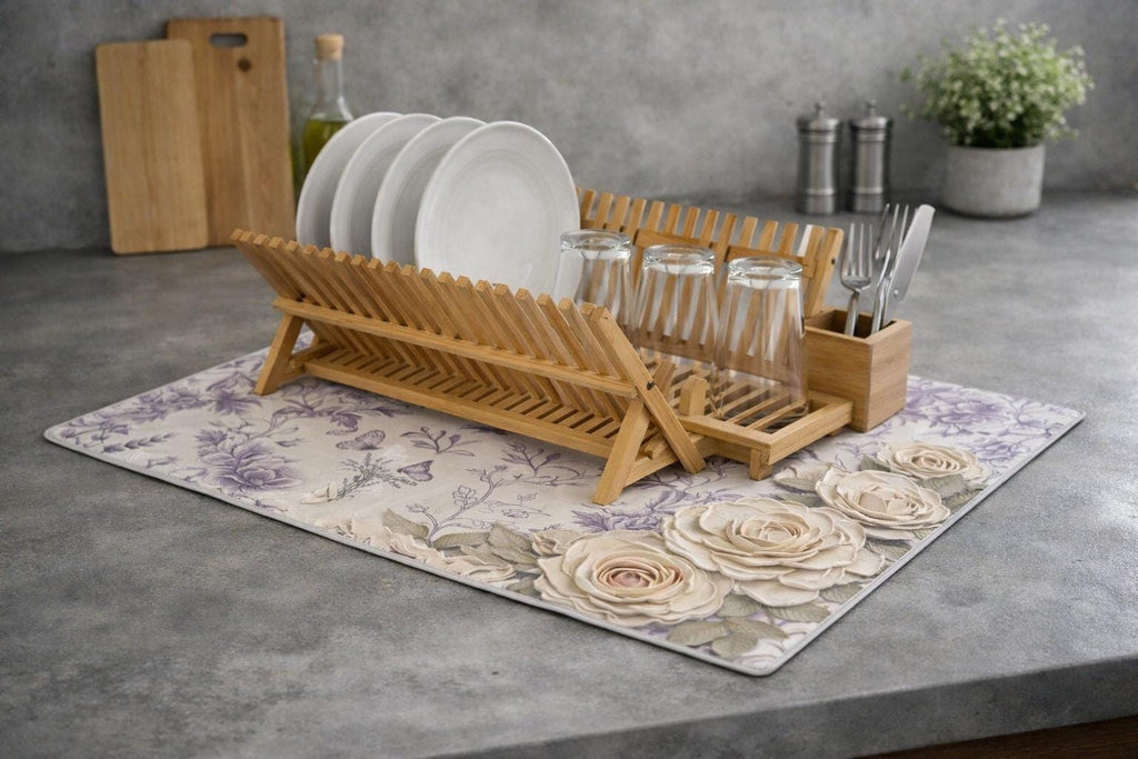 Pretty Lavender Toile Kitchen Dish Mat | Microfiber Botanical Herbs Drying Mat | Modern Farmhouse