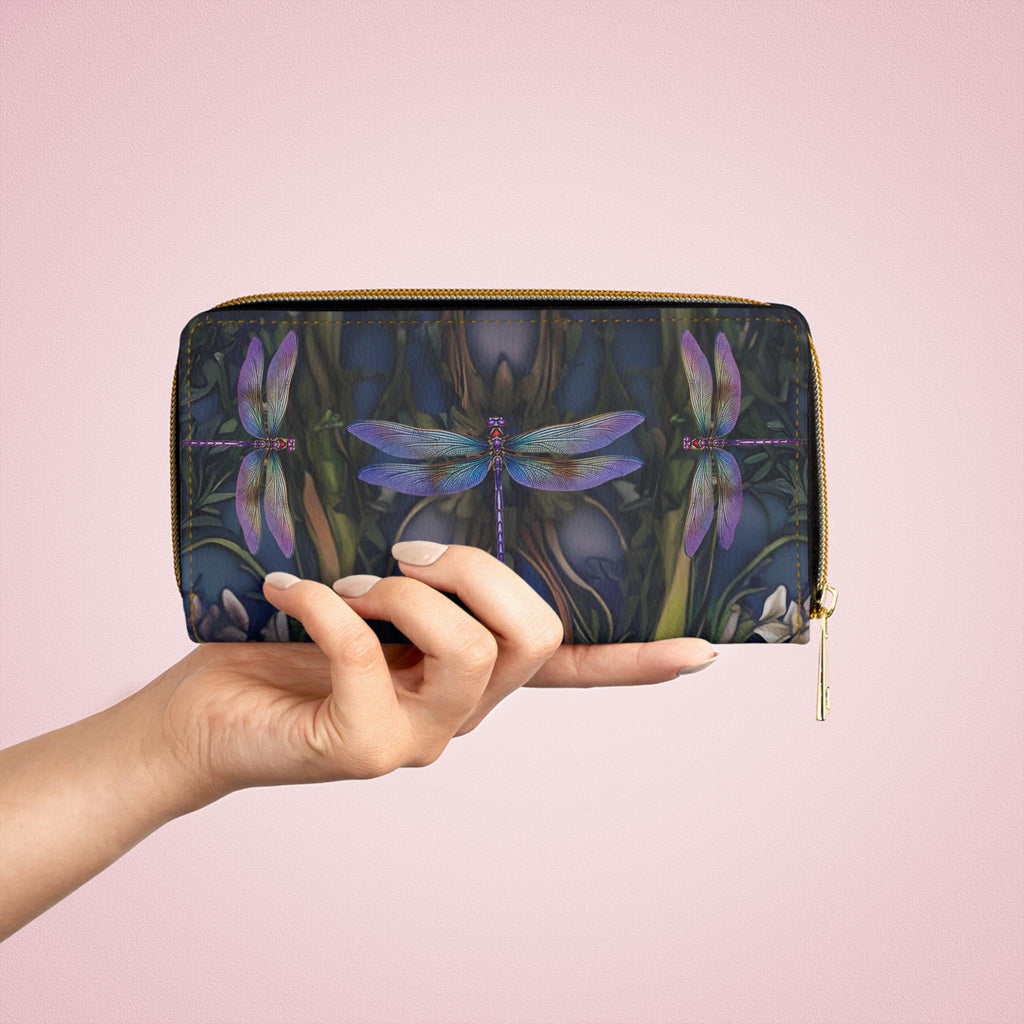 Dragonfly Art Zipper Wallet | Floral, Vintage-Inspired Illustration