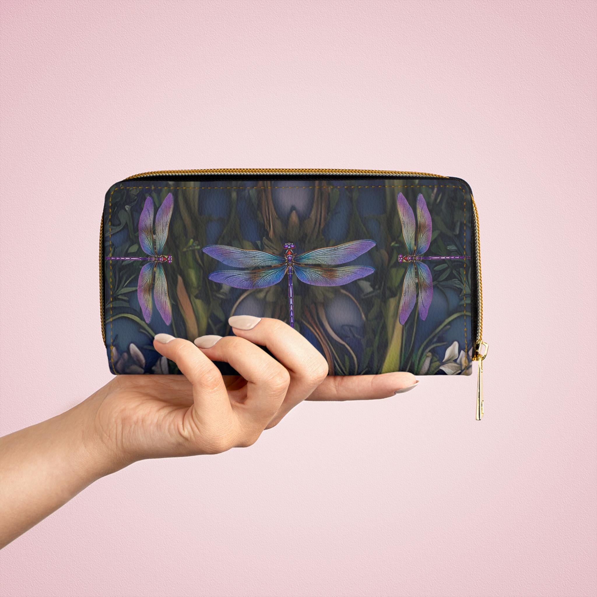 Dragonfly Art Zipper Wallet | Floral, Vintage-Inspired Illustration