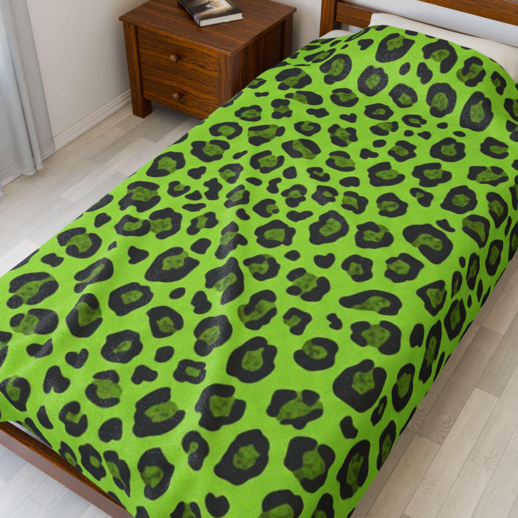 Acid Green Leopard Print Velveteen Blanket | Animal Print Throw