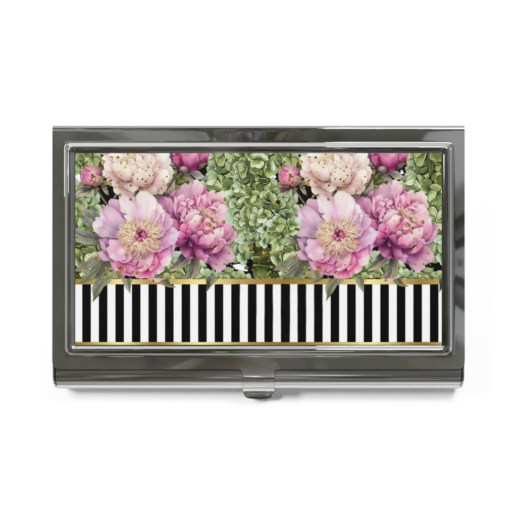 Pink Peonies & Greenery Business Card Holder | Striped Accent