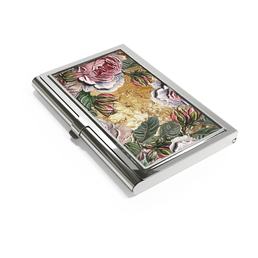 Vintage Pink Roses on Gold Leaf Business Card Holder | Personalized Floral Metal Case