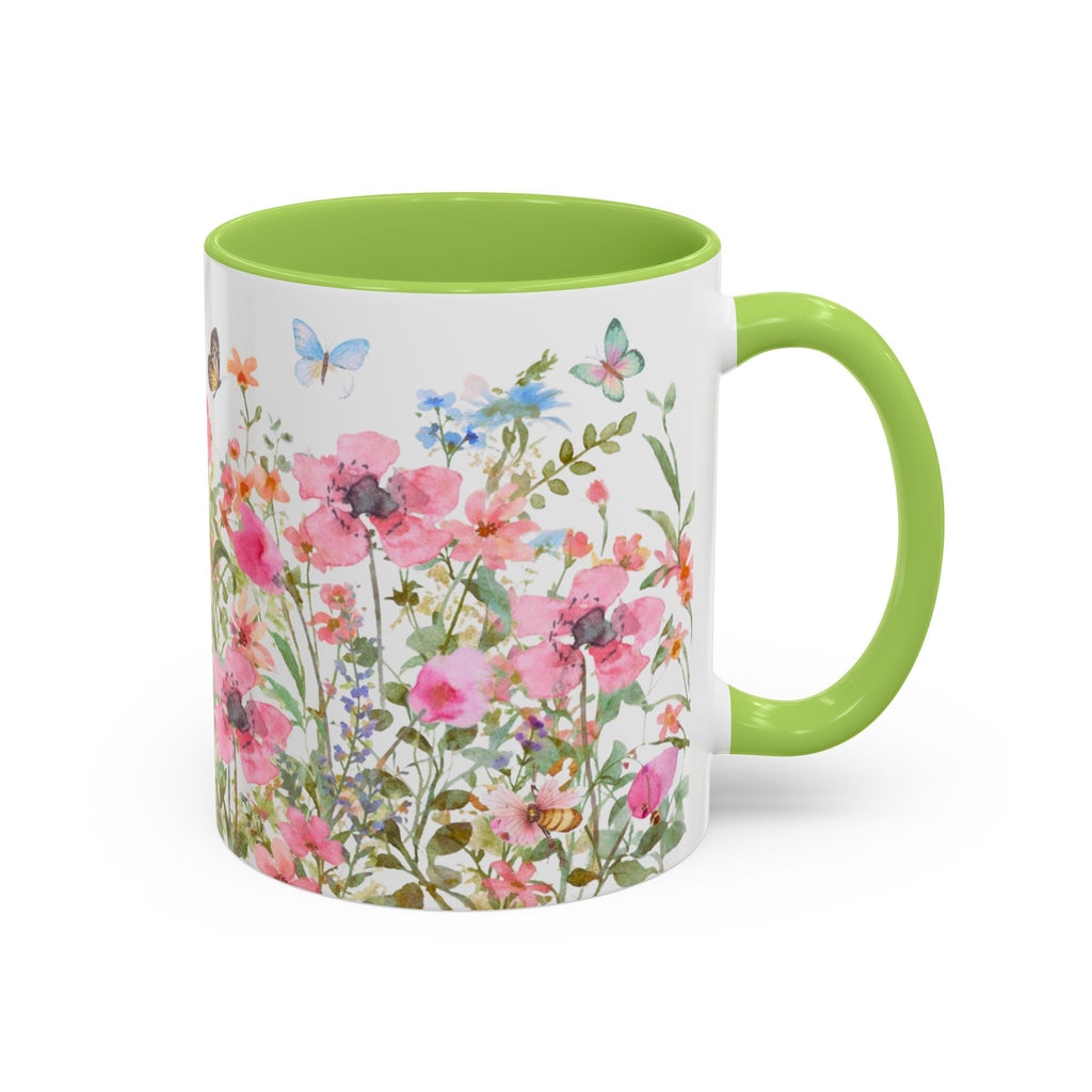 Floral Meadow Accent Coffee Mug — Pink Wildflowers & Butterflies (11oz, 15oz)