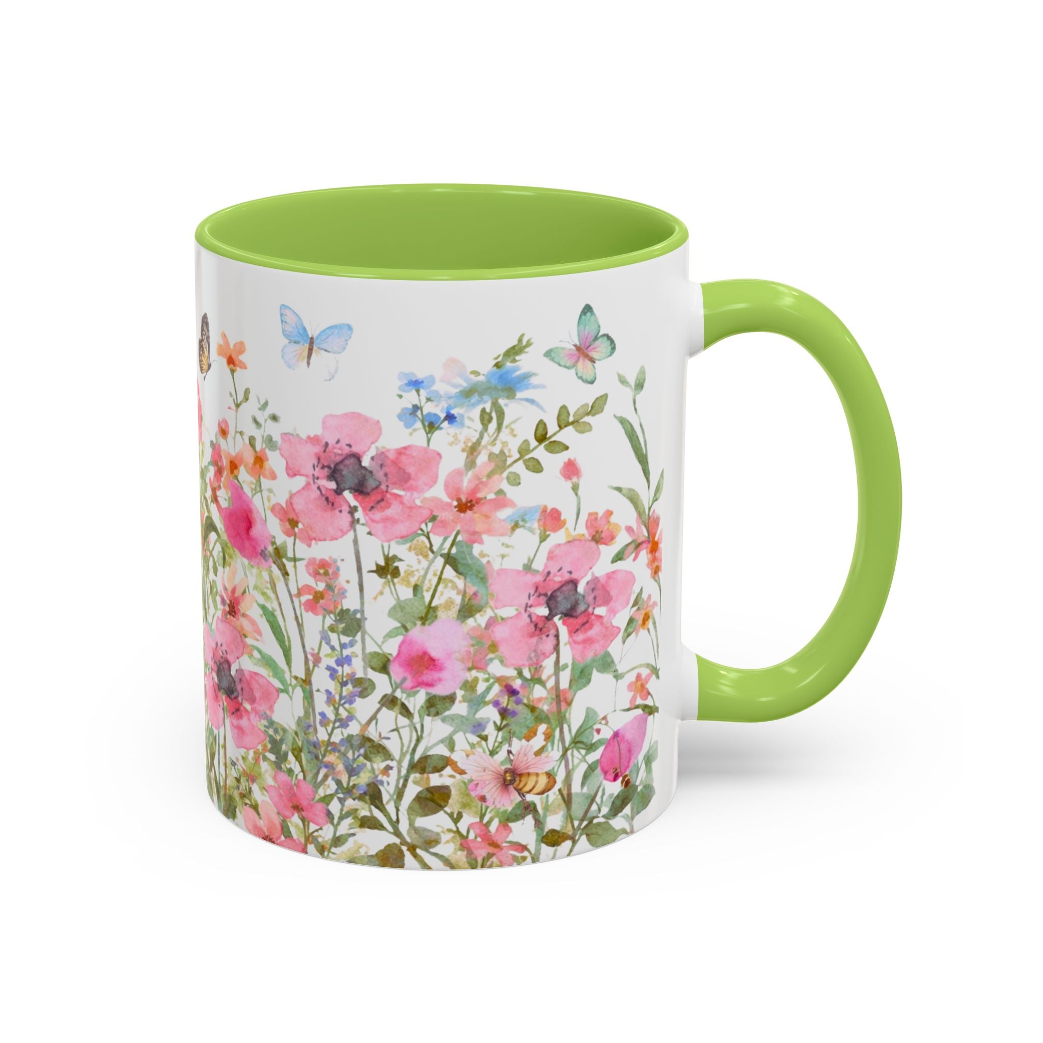 Floral Meadow Accent Coffee Mug — Pink Wildflowers & Butterflies (11oz, 15oz)