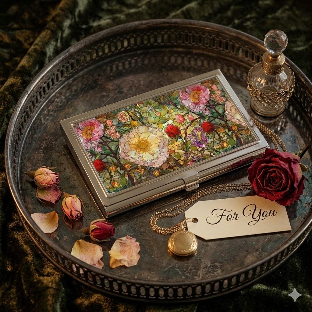 Floral Mosaic Business Card Holder, Elegant Office Gift