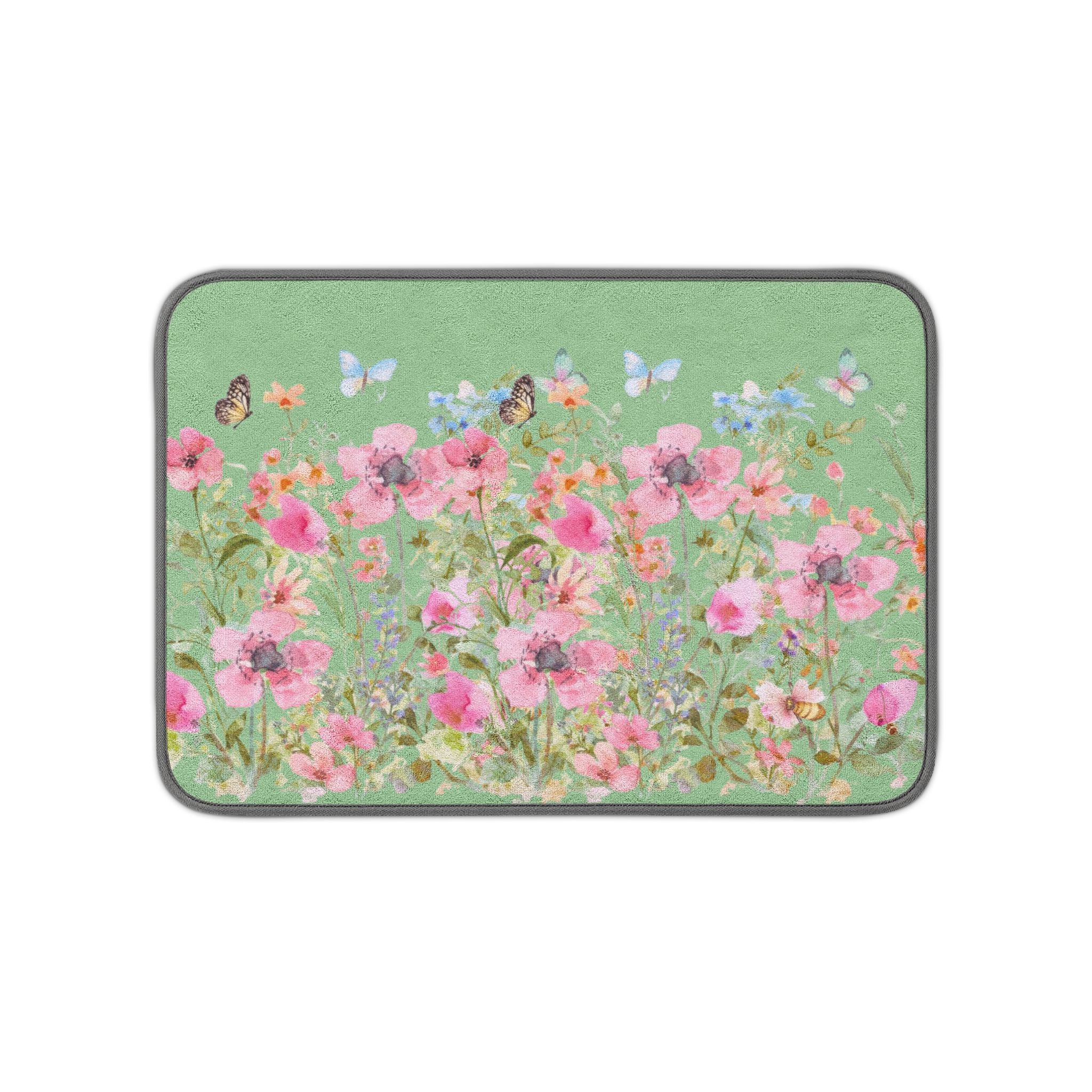 Pink Wildflower Garden Microfiber Kitchen Dish Mat | Butterflies on Green Dish Drying Mat