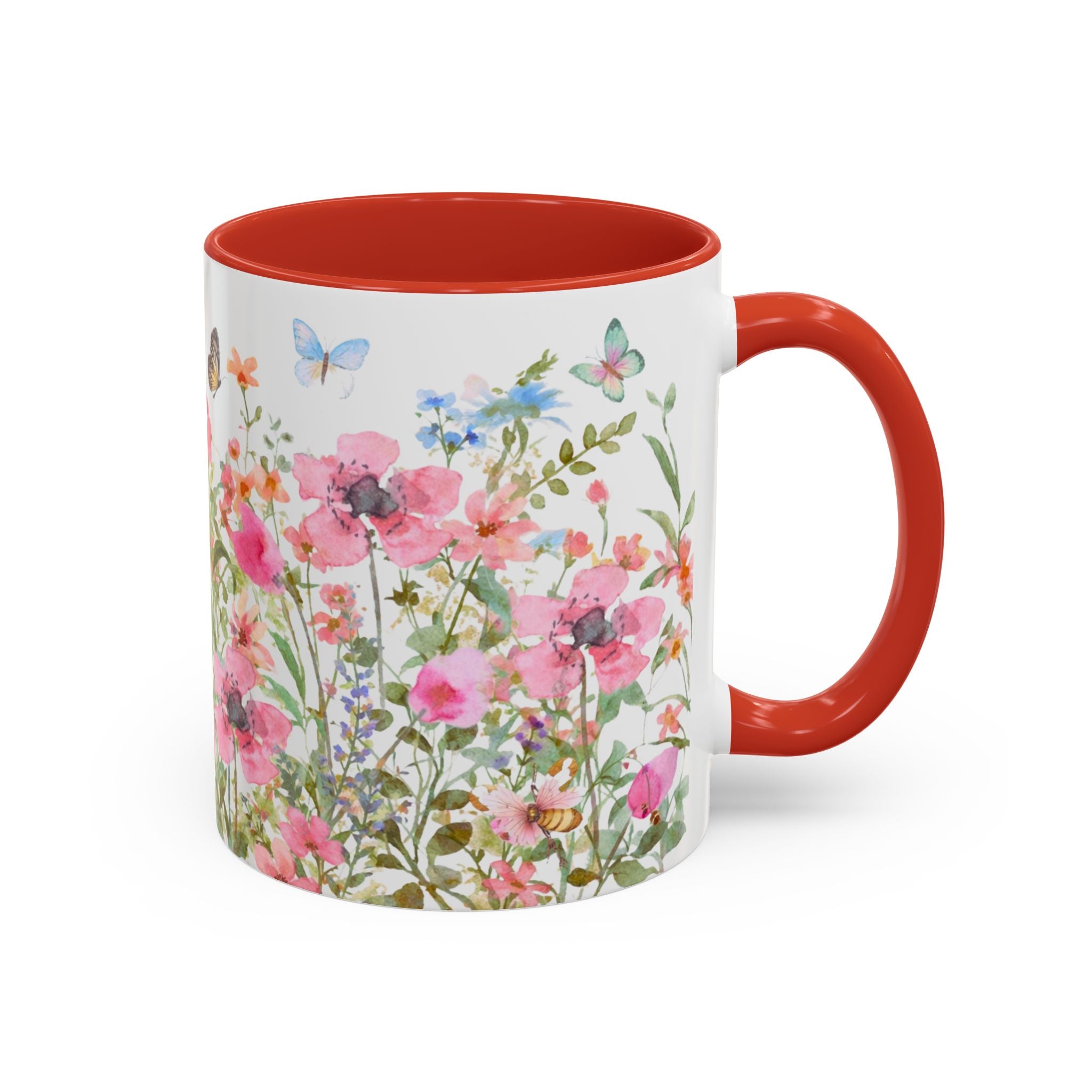 Floral Meadow Accent Coffee Mug — Pink Wildflowers & Butterflies (11oz, 15oz)