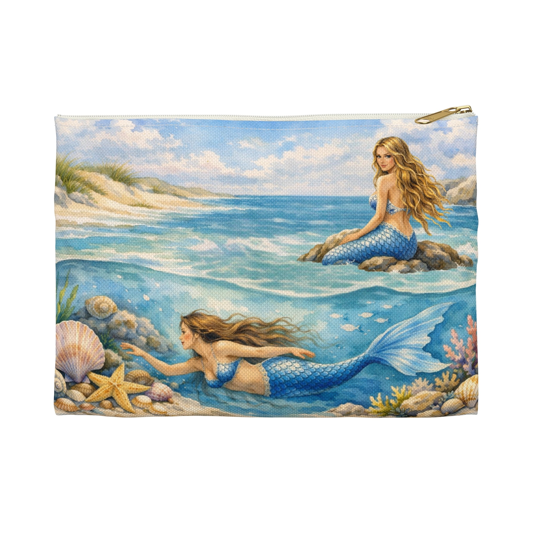 Mermaids Beach Accessory Pouch | Ocean Seashell Starfish Cosmetic Bag | Toiletry Bag for Beach Goer