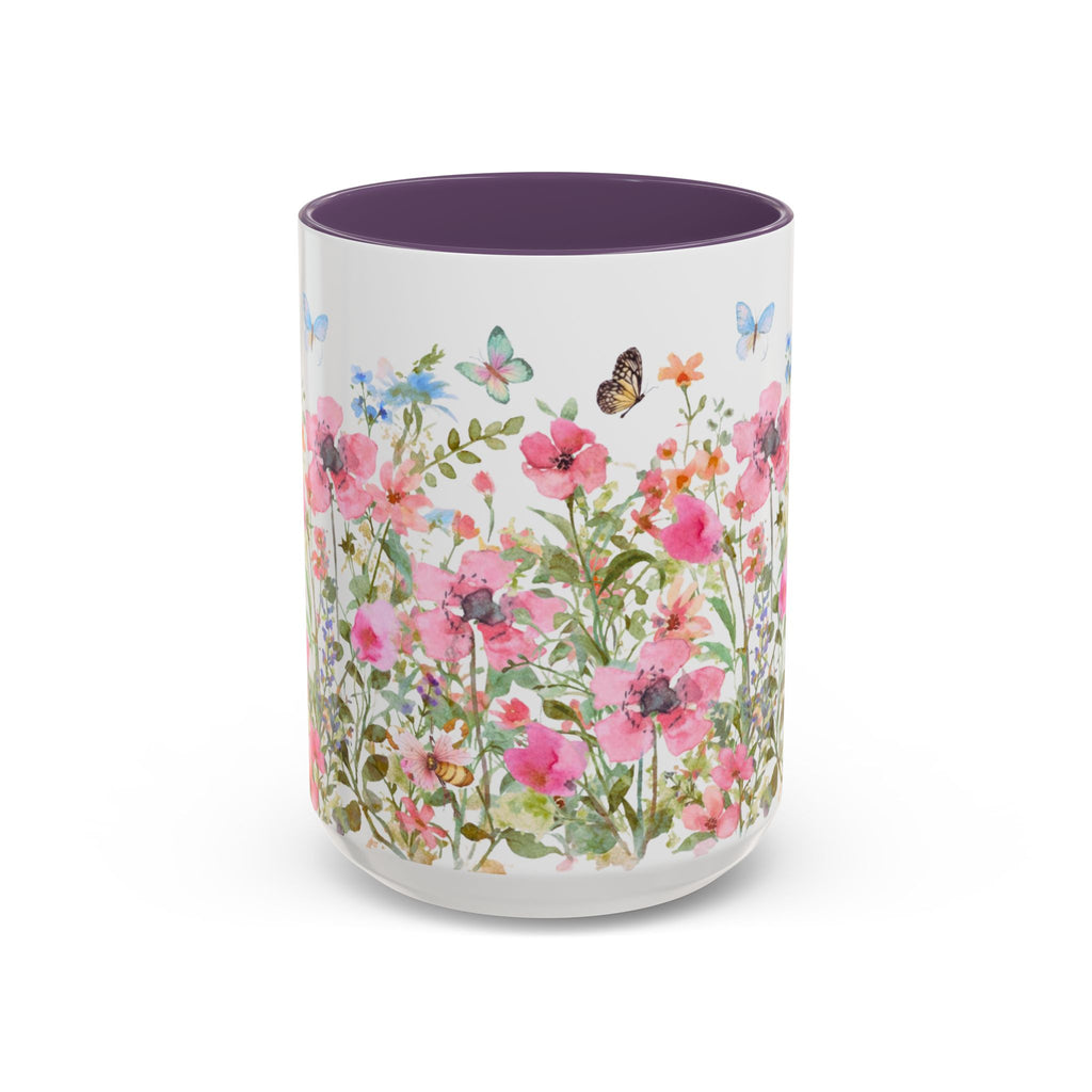 Floral Meadow Accent Coffee Mug — Pink Wildflowers & Butterflies (11oz, 15oz)