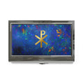 Gold Chi Rho symbol Business Card Holder | Blue Ethiopian opal 3D Image metal case