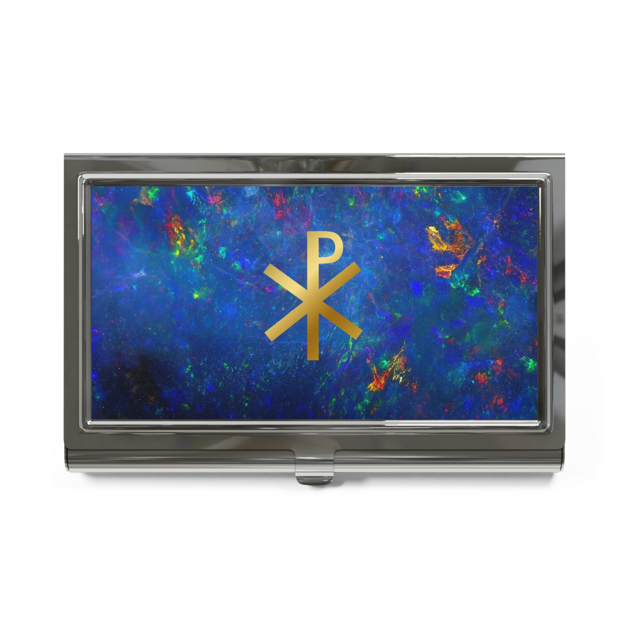 Gold Chi Rho symbol Business Card Holder | Blue Ethiopian opal 3D Image metal case