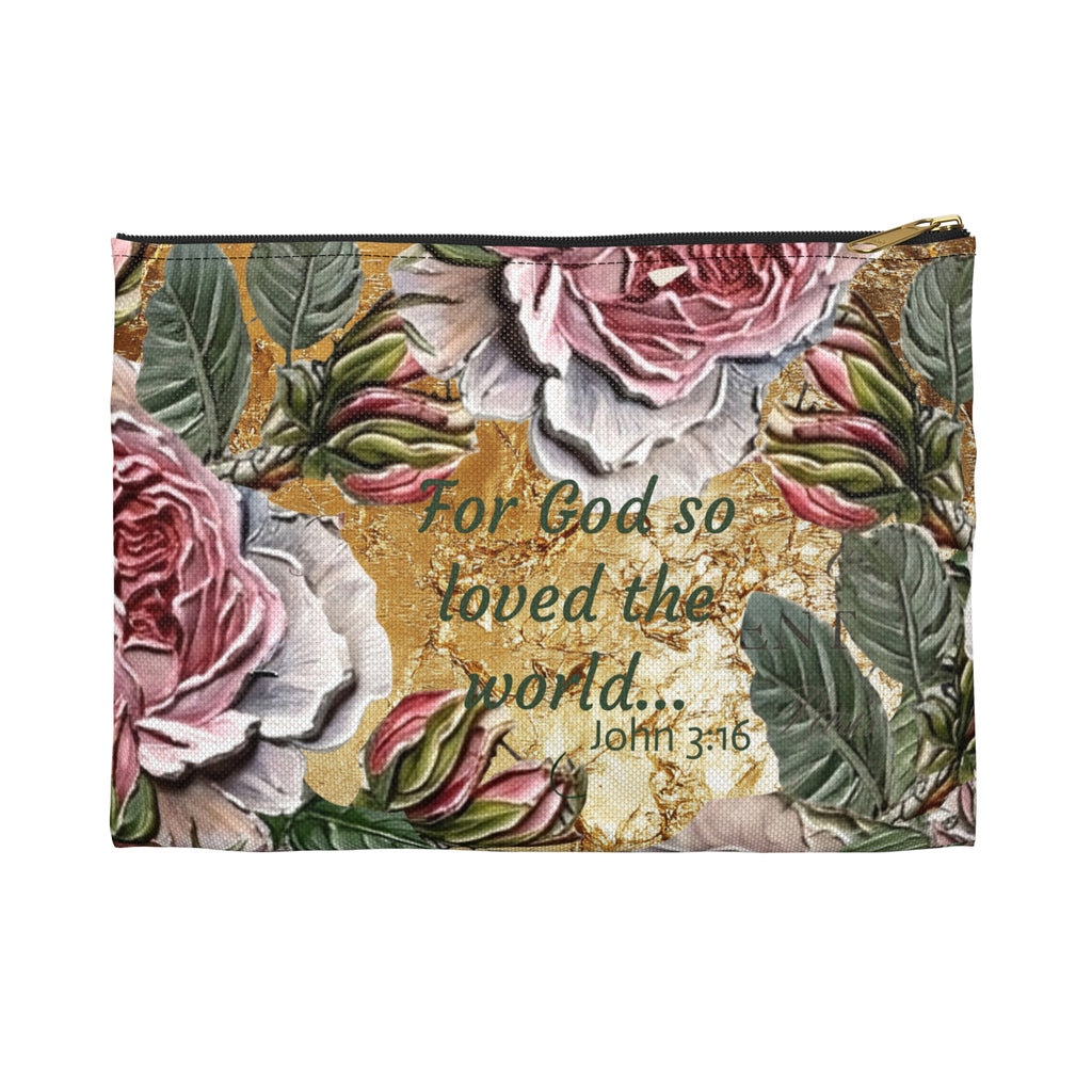 Vintage Pink Roses on Gold Marble Accessory Pouch | Floral Makeup Bag