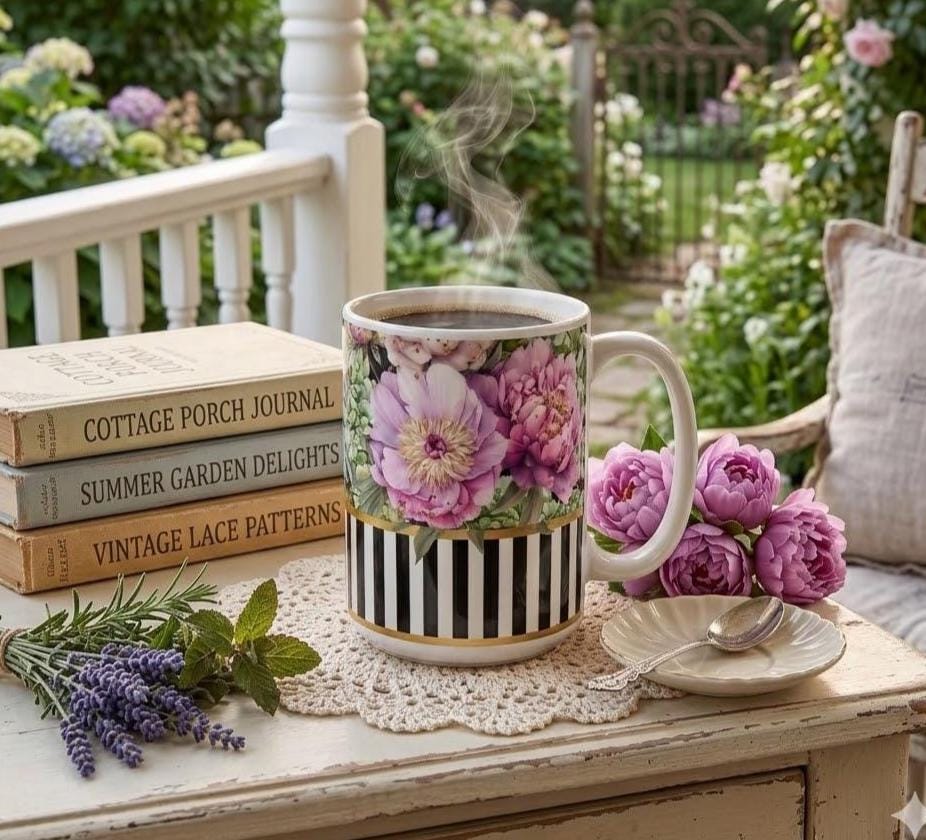 Pink Peonies with Hydrangea 15 oz Mug | Black White Stripe Accent | Victorian Botanical CUP