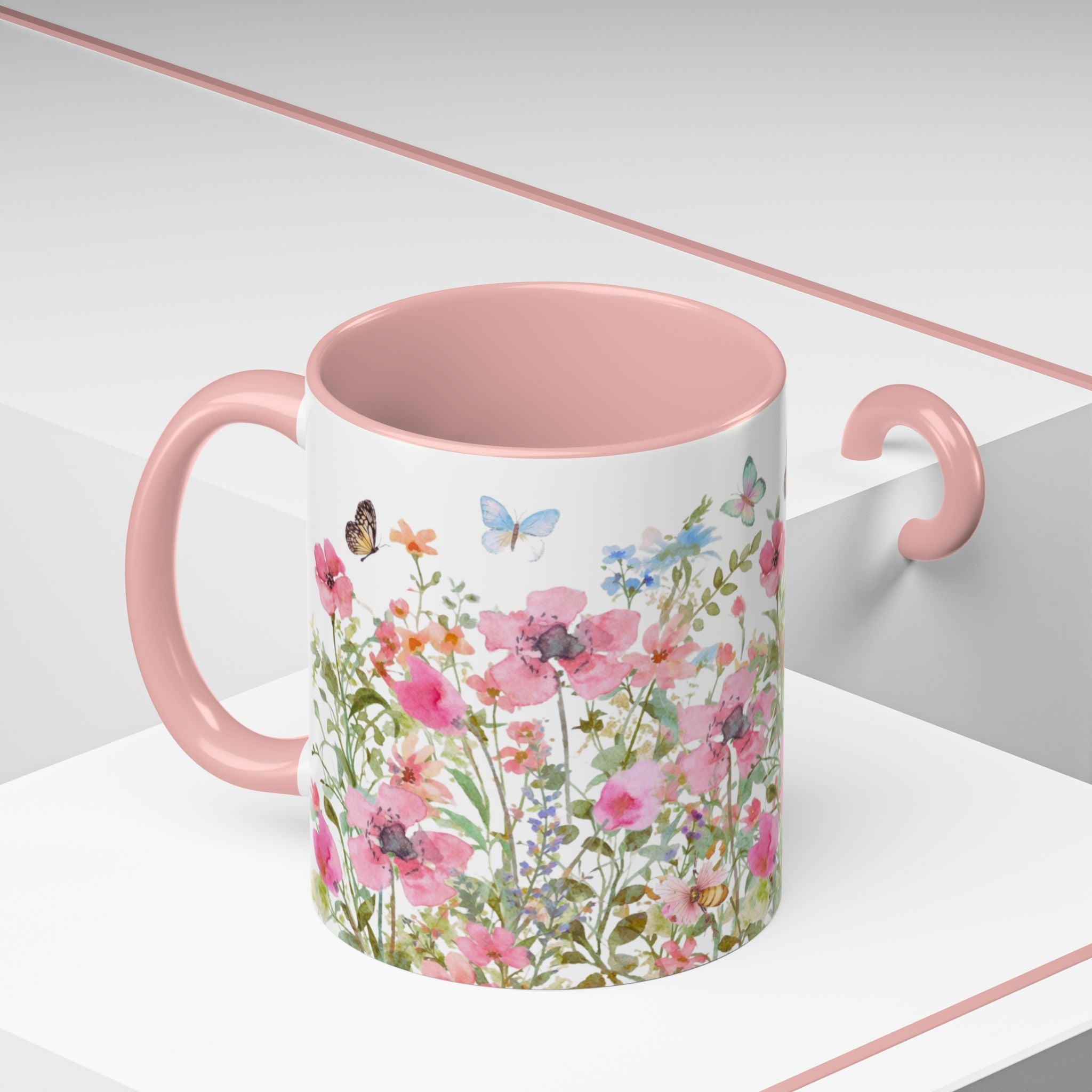 Floral Meadow Accent Coffee Mug — Pink Wildflowers & Butterflies (11oz, 15oz)