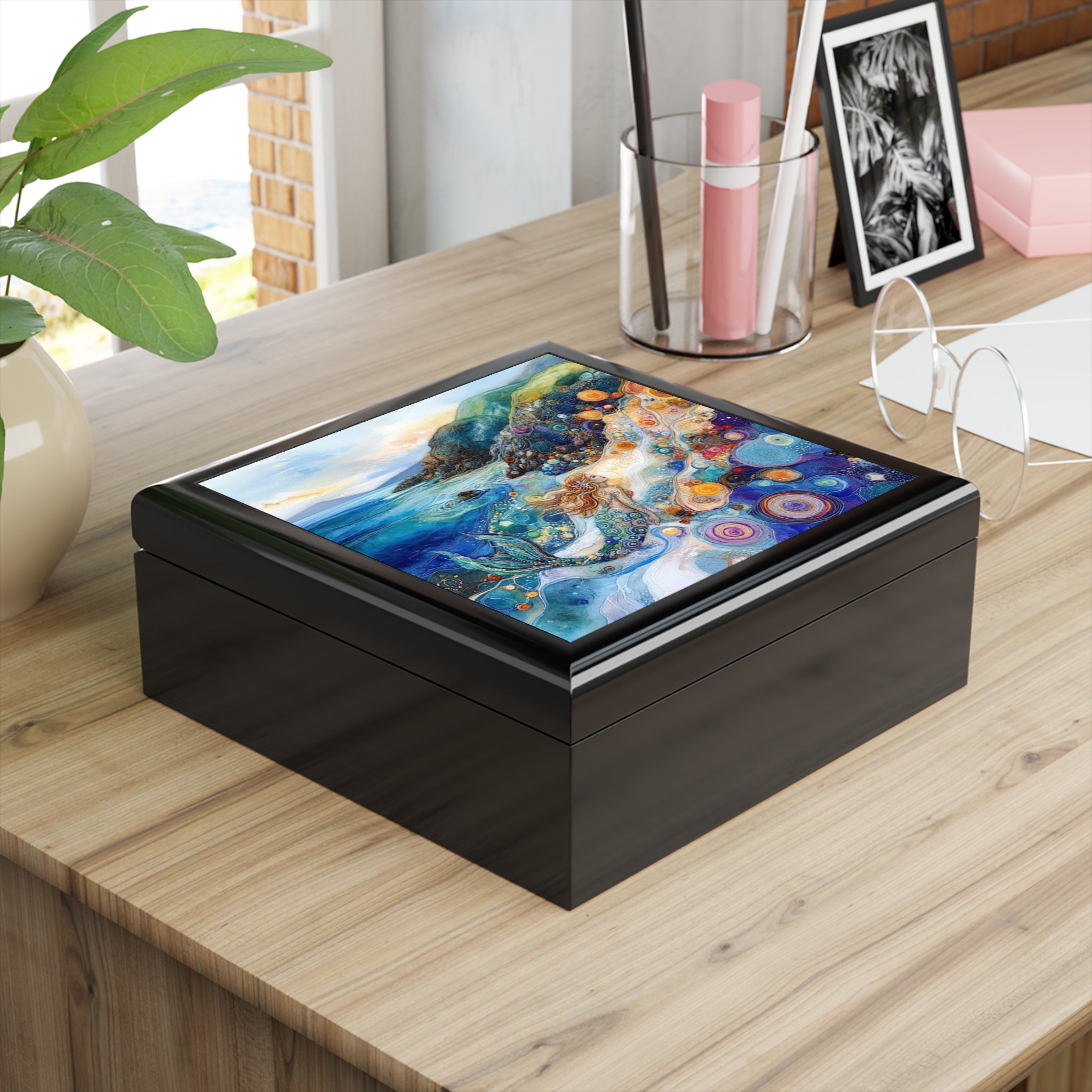 Coastal Mermaid Keepsake Jewelry Box | Felted 3D Coastal Scene