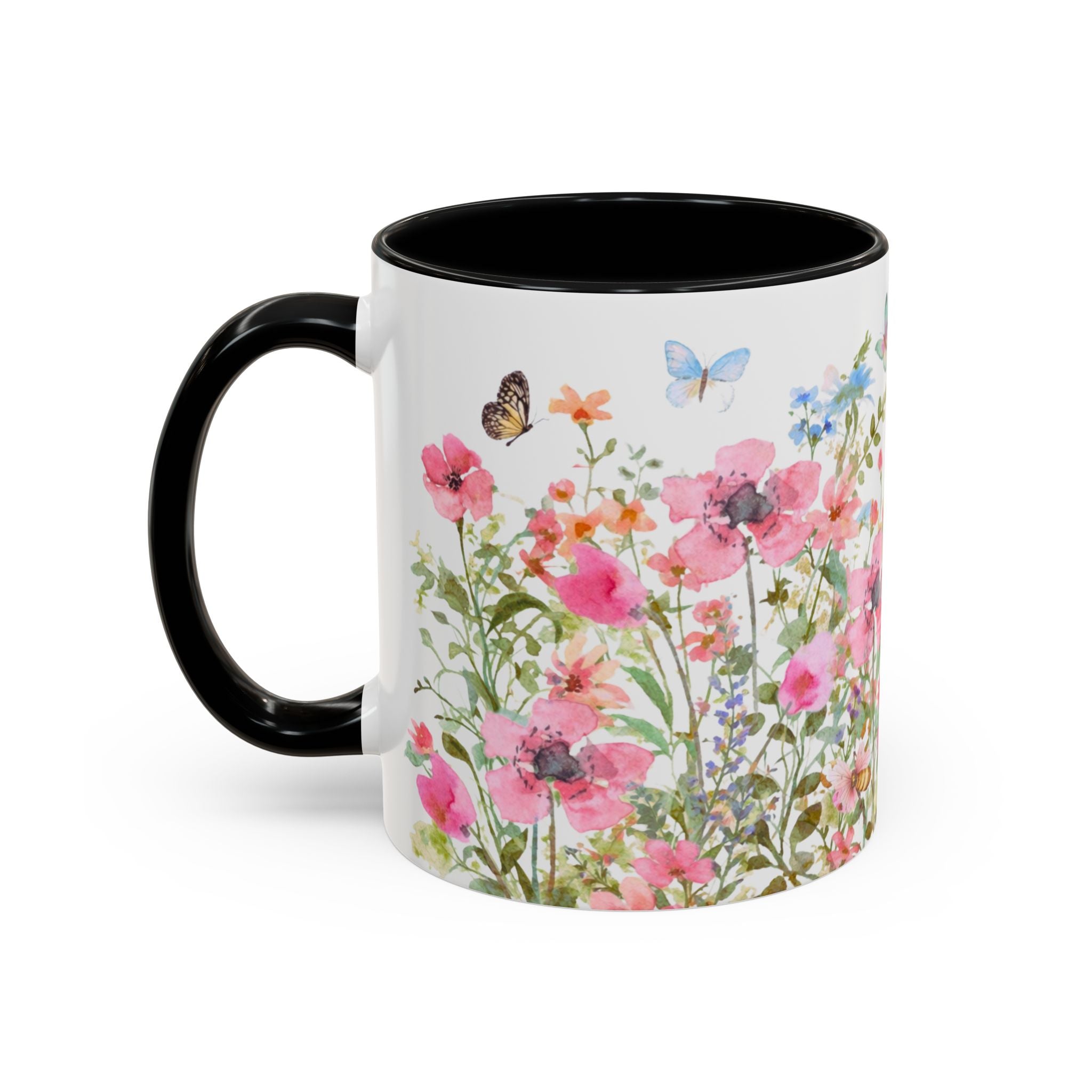 Floral Meadow Accent Coffee Mug — Pink Wildflowers & Butterflies (11oz, 15oz)